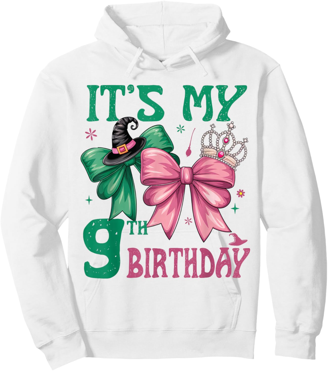 9th Birthday Girl Its My 9th Birthday Witch Pink and Green Hoodie - Hoodie | White