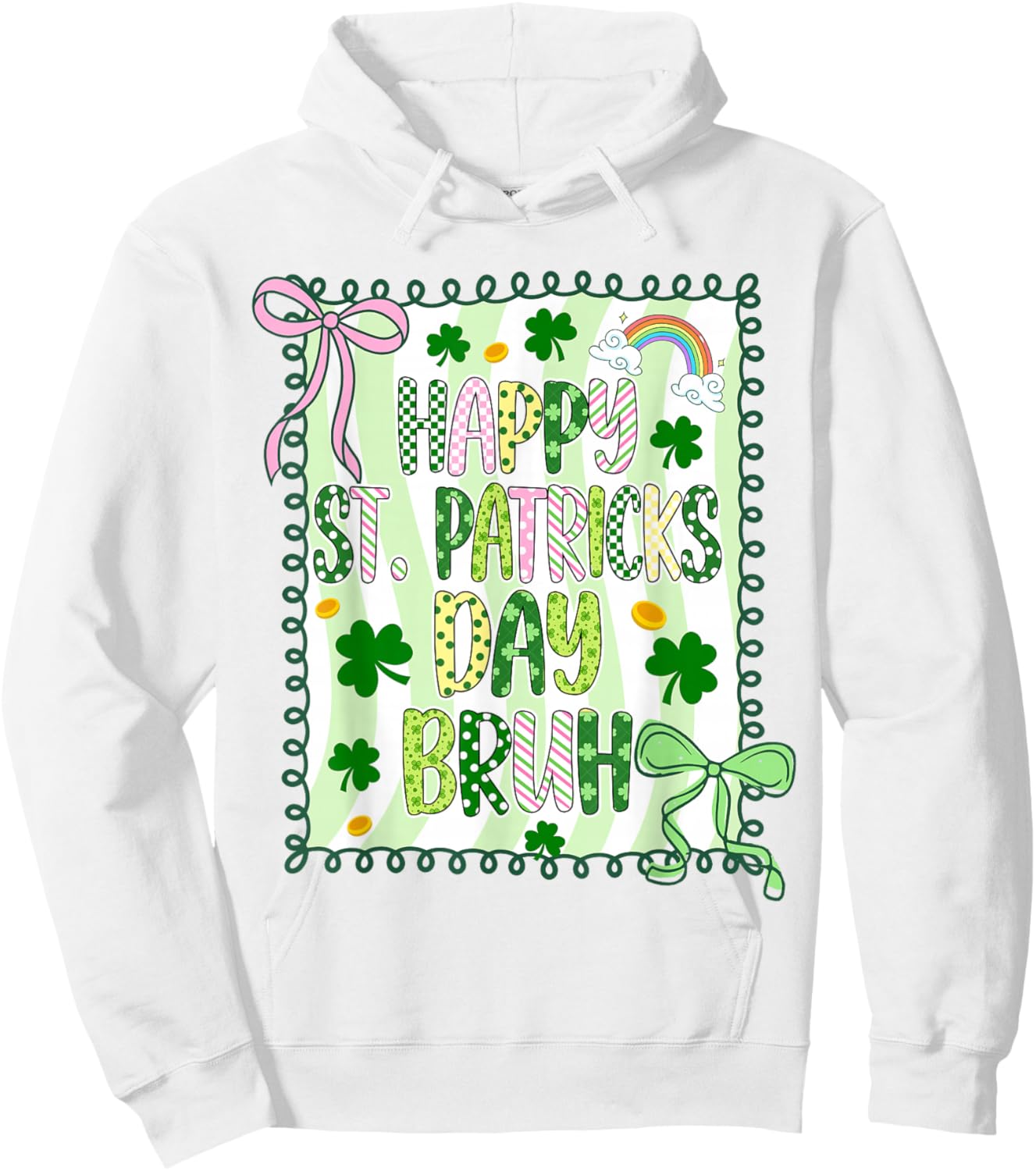Bruh Happy St Patricks Day Kids Coquette Girls Bow Shamrock Hoodie - Hoodie | White