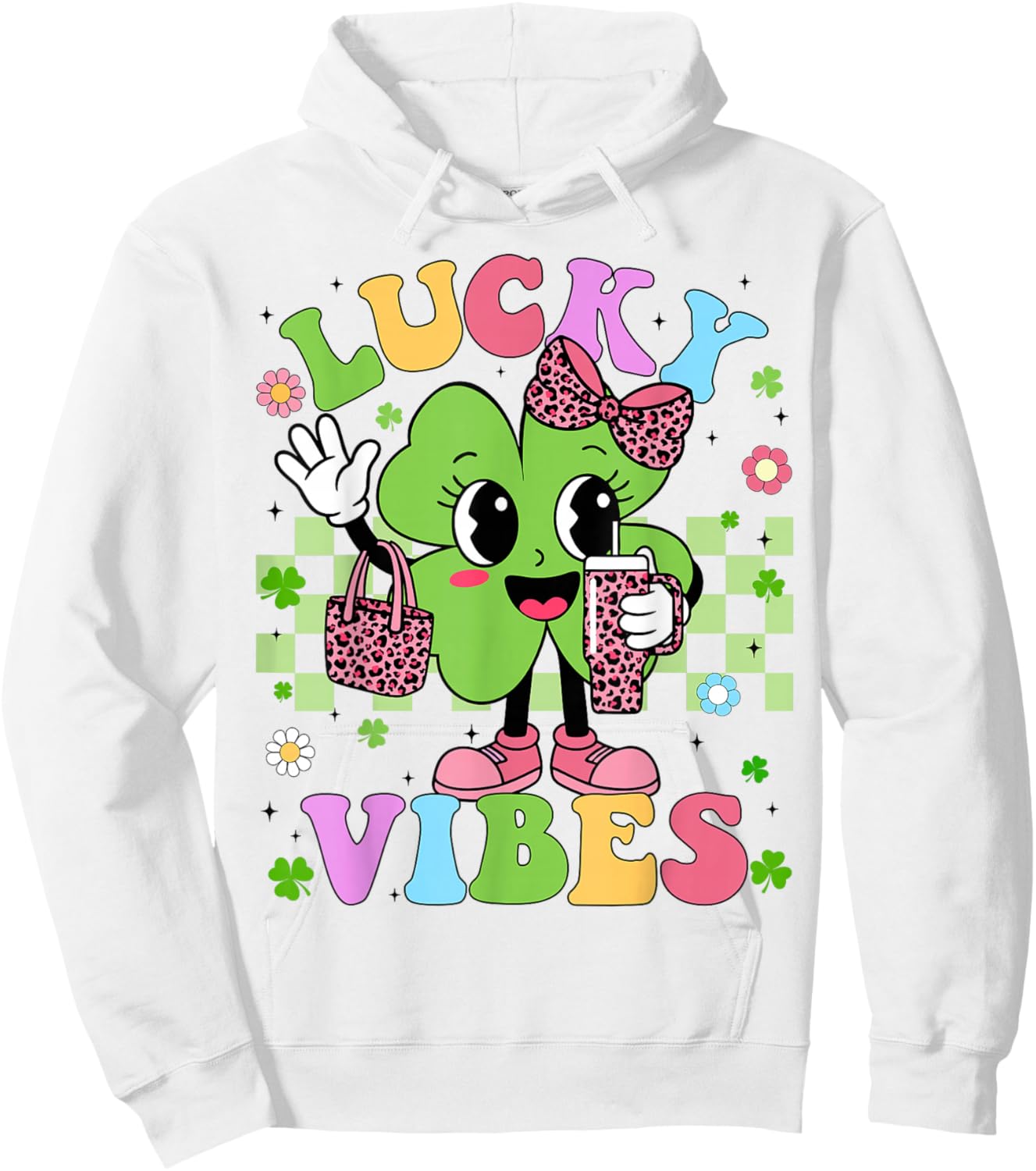 Lucky Vibes Cute Shamrock Leopard St Patricks Girl Kid Women Hoodie - Hoodie | White