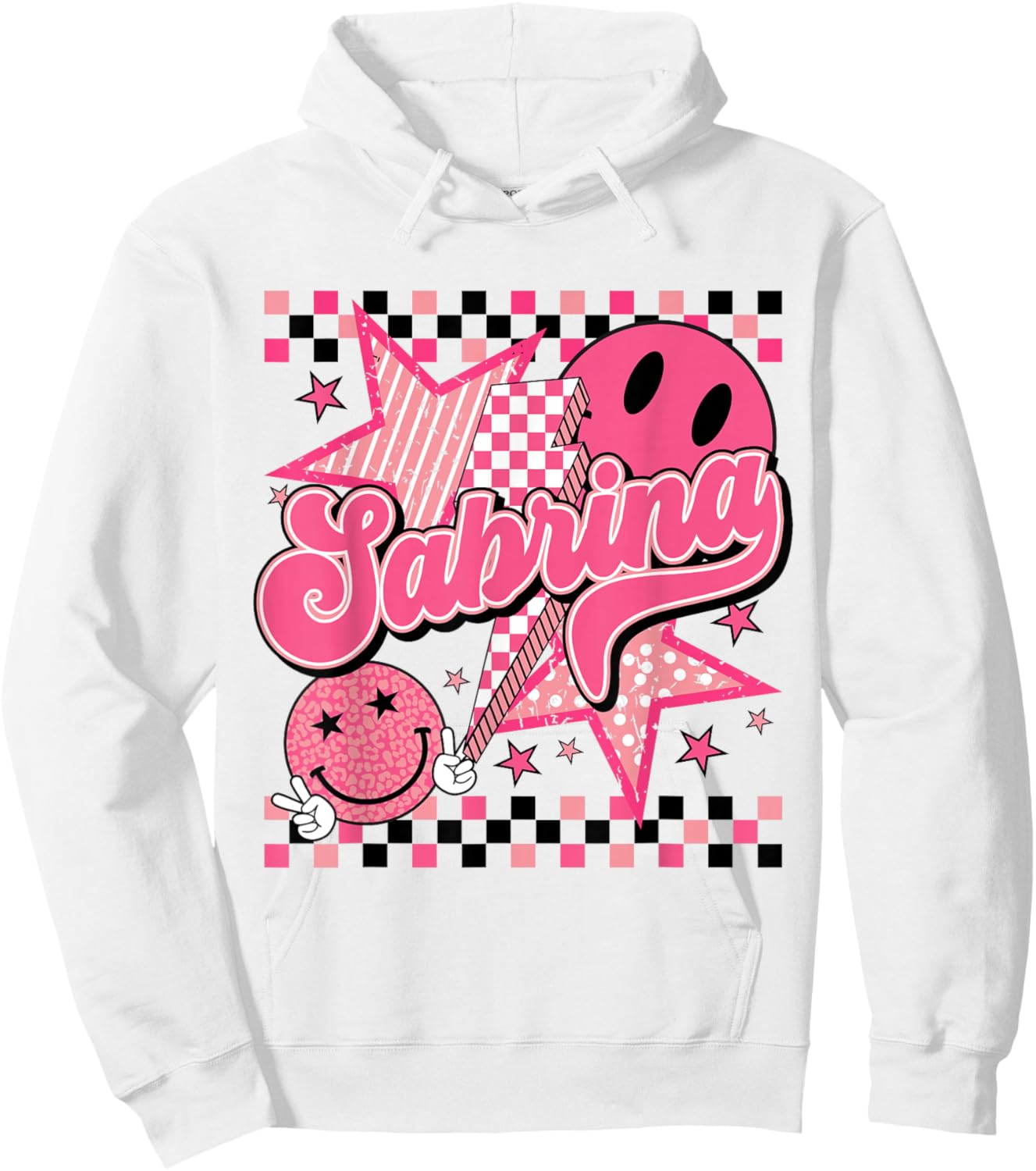 Sabrina First Name I Love Sabrina Checkered Groovy 80's Hoodie - Hoodie | White