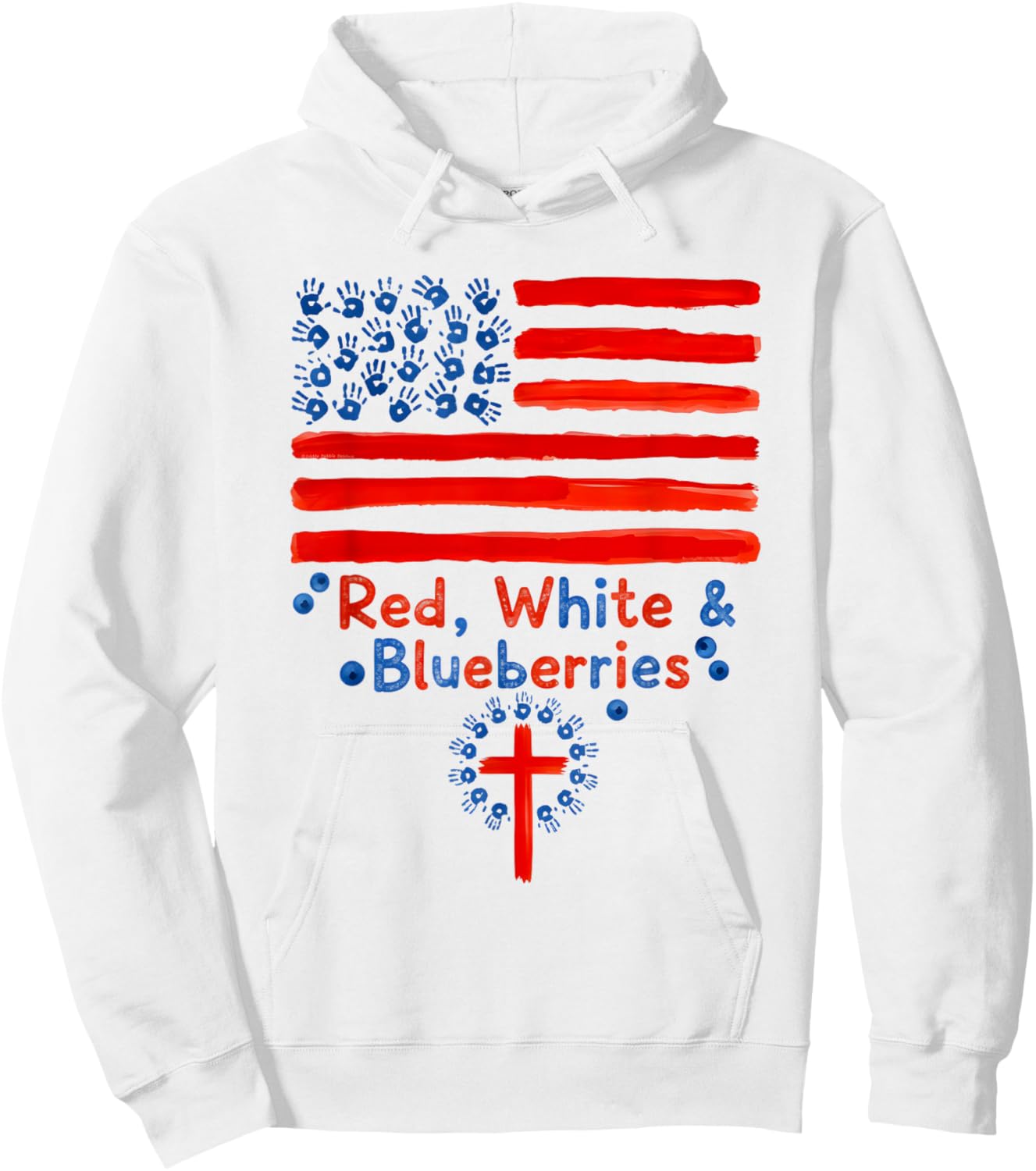 Cute Red White and Blueberries Fingerpaint Flag and Cross Hoodie - Hoodie | White
