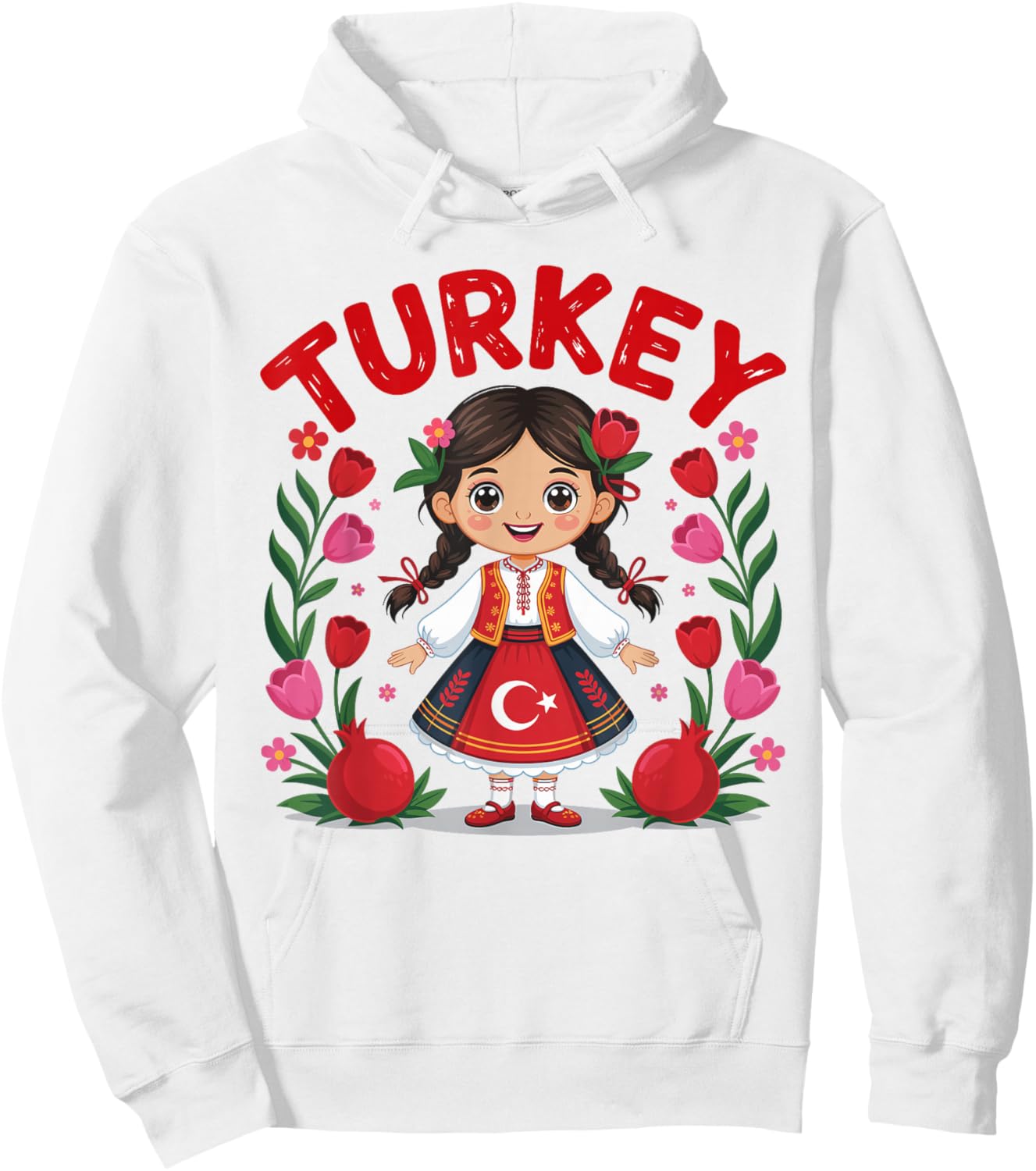 Turkey Girl Traditional Dress with Tulips and Pomegranates Hoodie - Hoodie | White