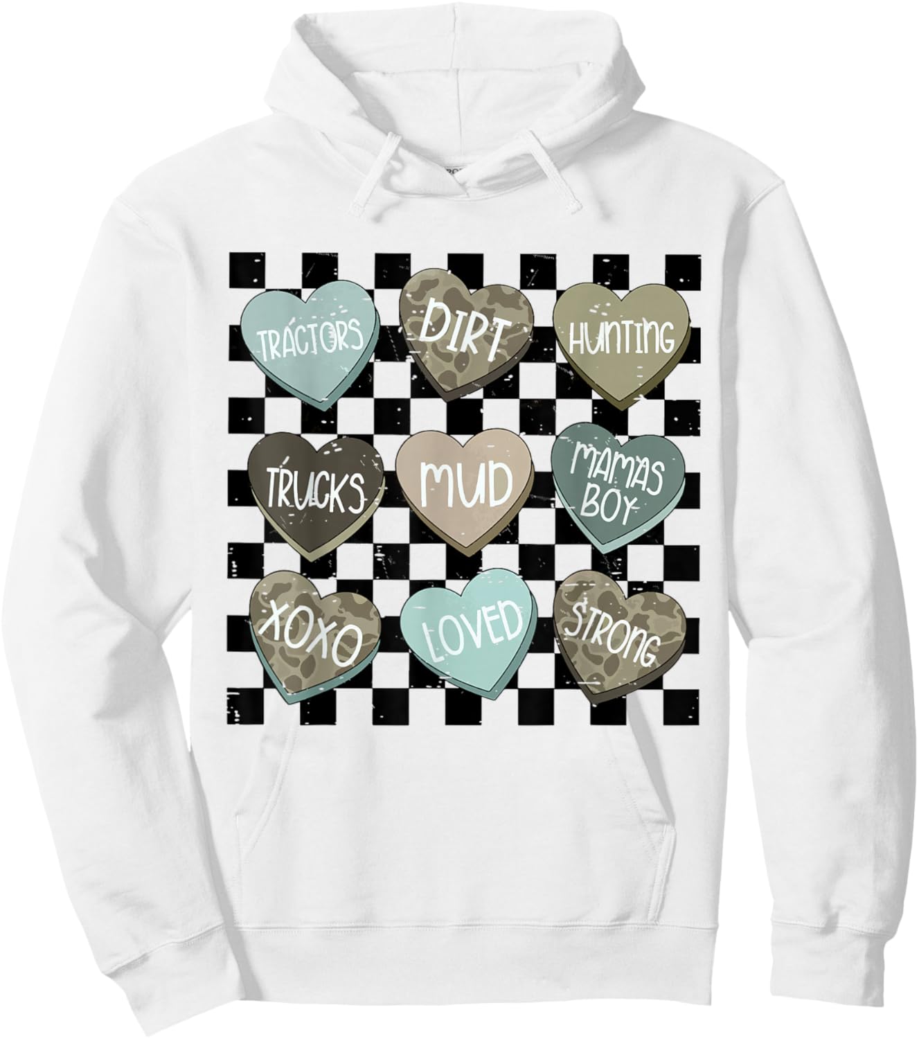 Retro Checkered Camo Hearts Valentine Loved XOXO Kids Boys Hoodie - Hoodie | White