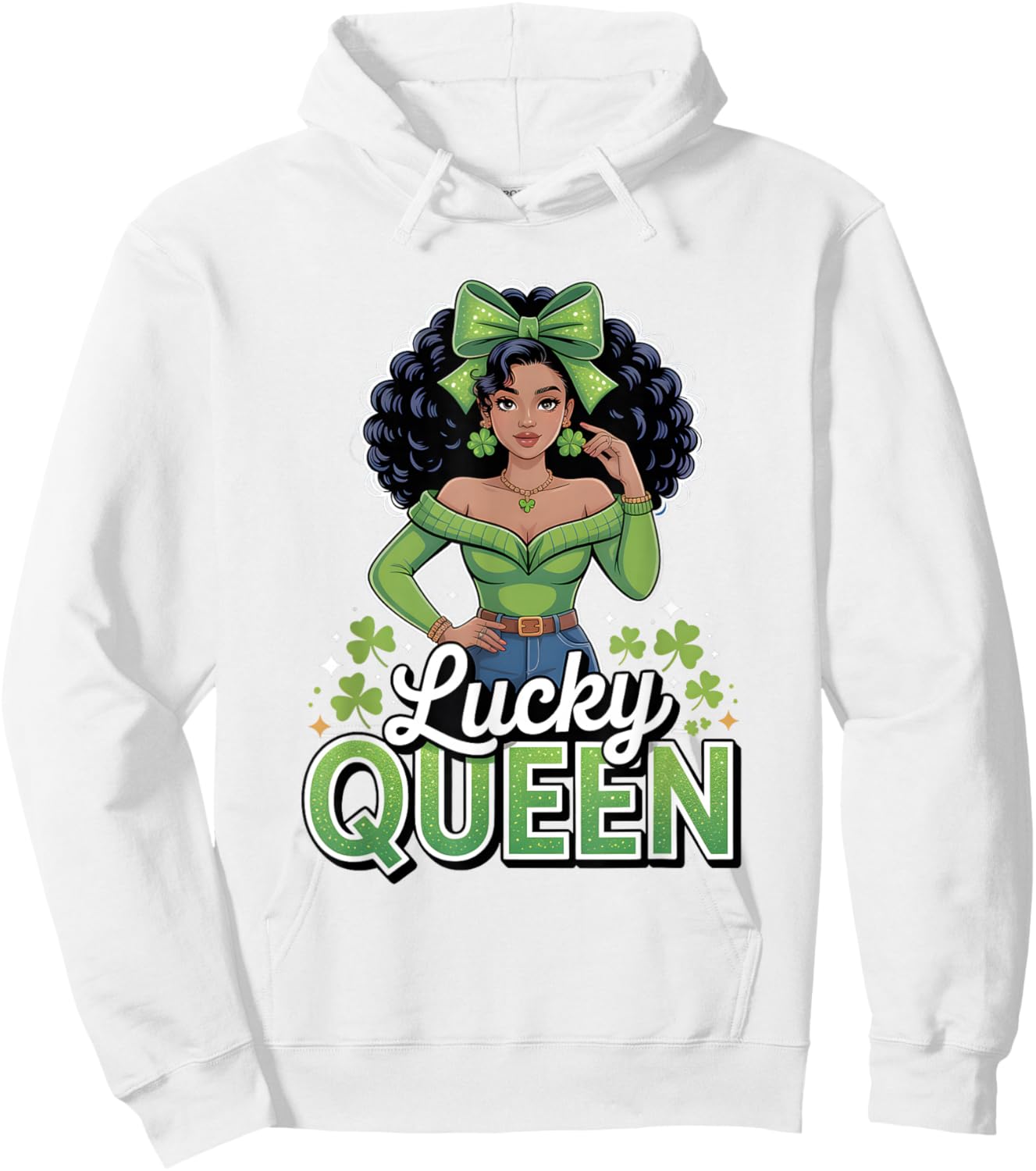 Lucky Queen St Patricks Day Black Girl Afro Shamrock Squad Hoodie - Hoodie | White