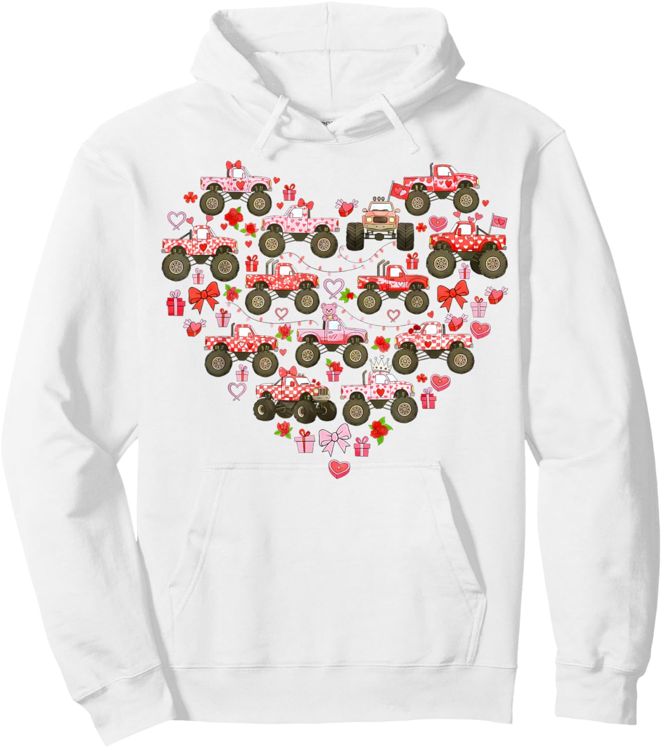 Pink Monster Truck Heart XOXO Boys Girls Kids Valentines Day Hoodie - Hoodie | White