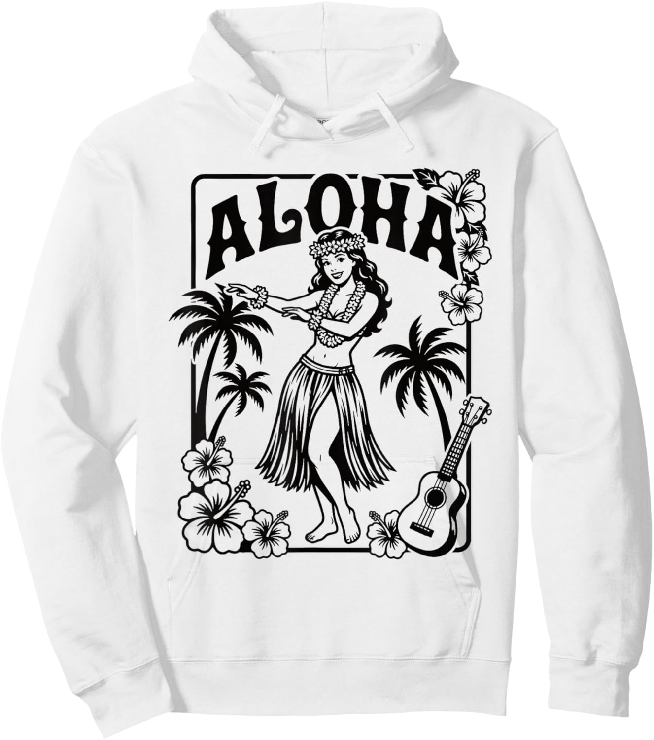Aloha Hula Dancer Hibiscus Palm Trees Ukulele Retro Girl Art Hoodie - Hoodie | White