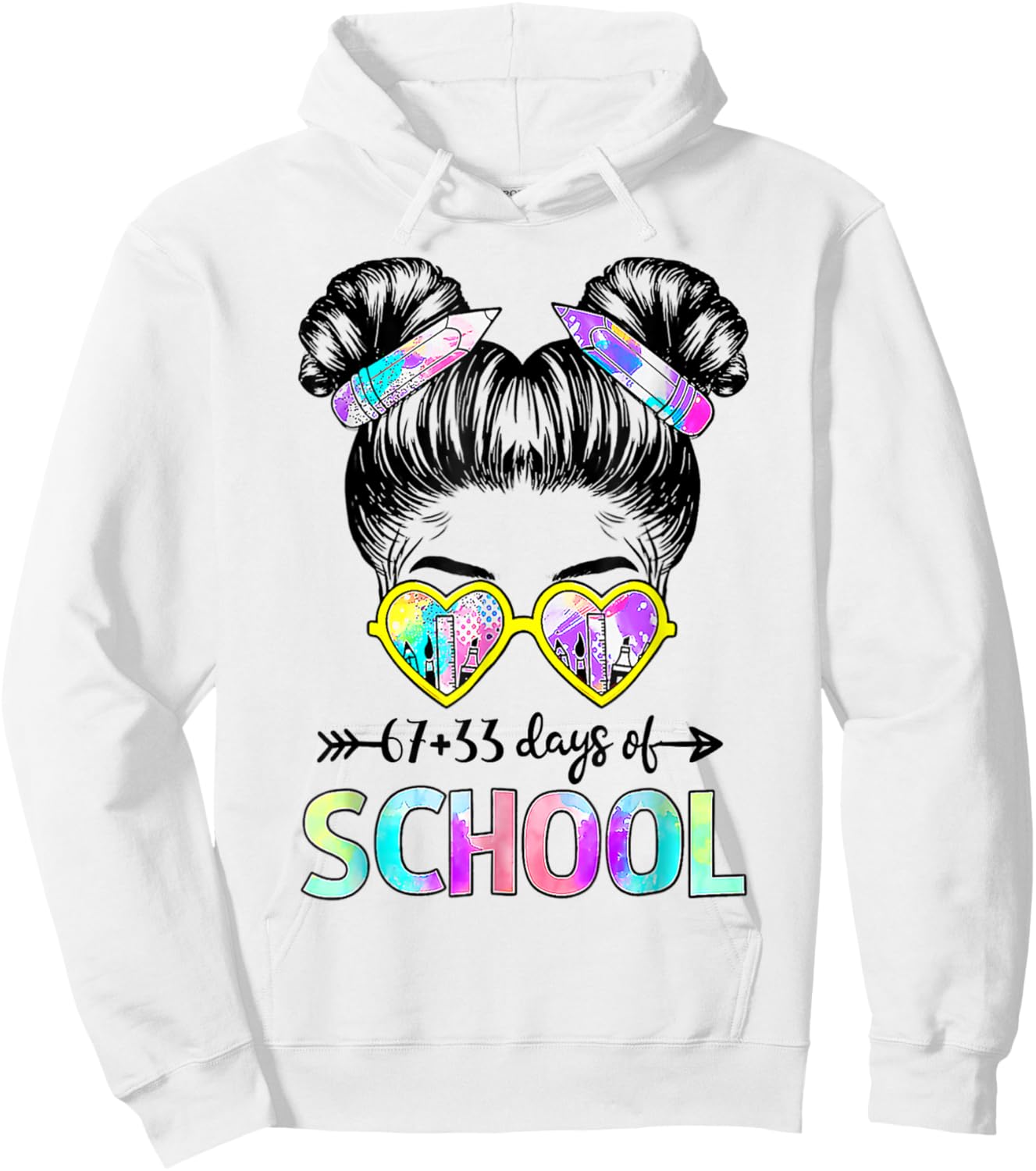 67 33 Days Smarter Girls Messy Bun Hair 100th Day of School Hoodie - Hoodie | White