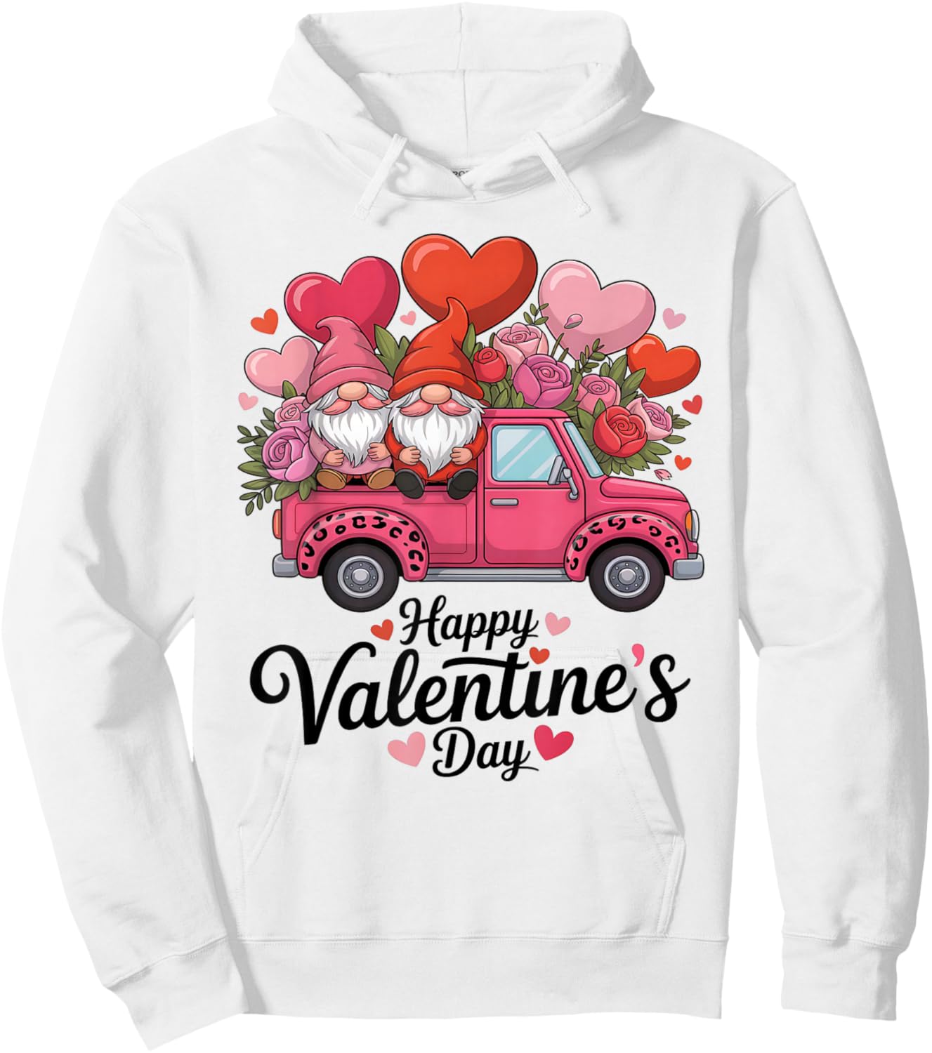 Valentines Day Gnomes Pink Truck Roses Leopard Print Hoodie - Hoodie | White