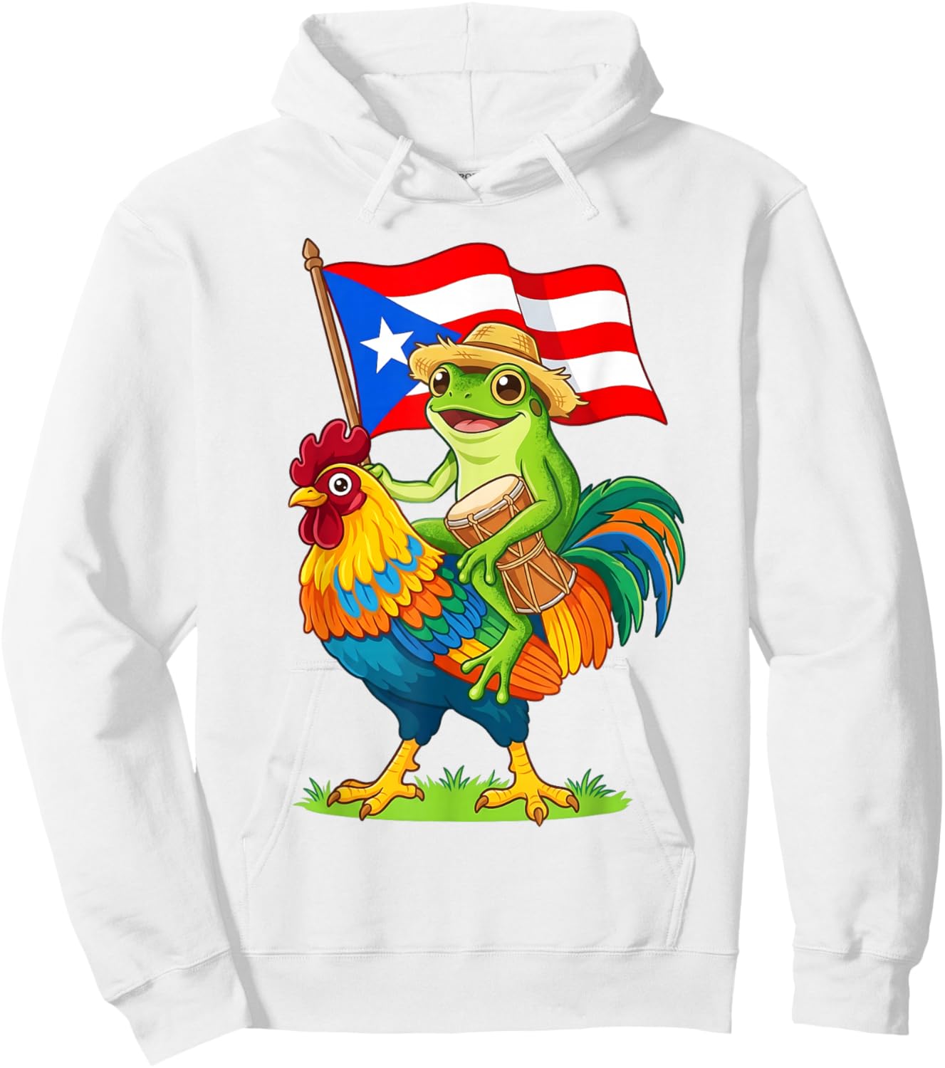 Puerto Rico Coquí Frog Riding Rooster Boricua Flag for Kids Hoodie - Hoodie | White
