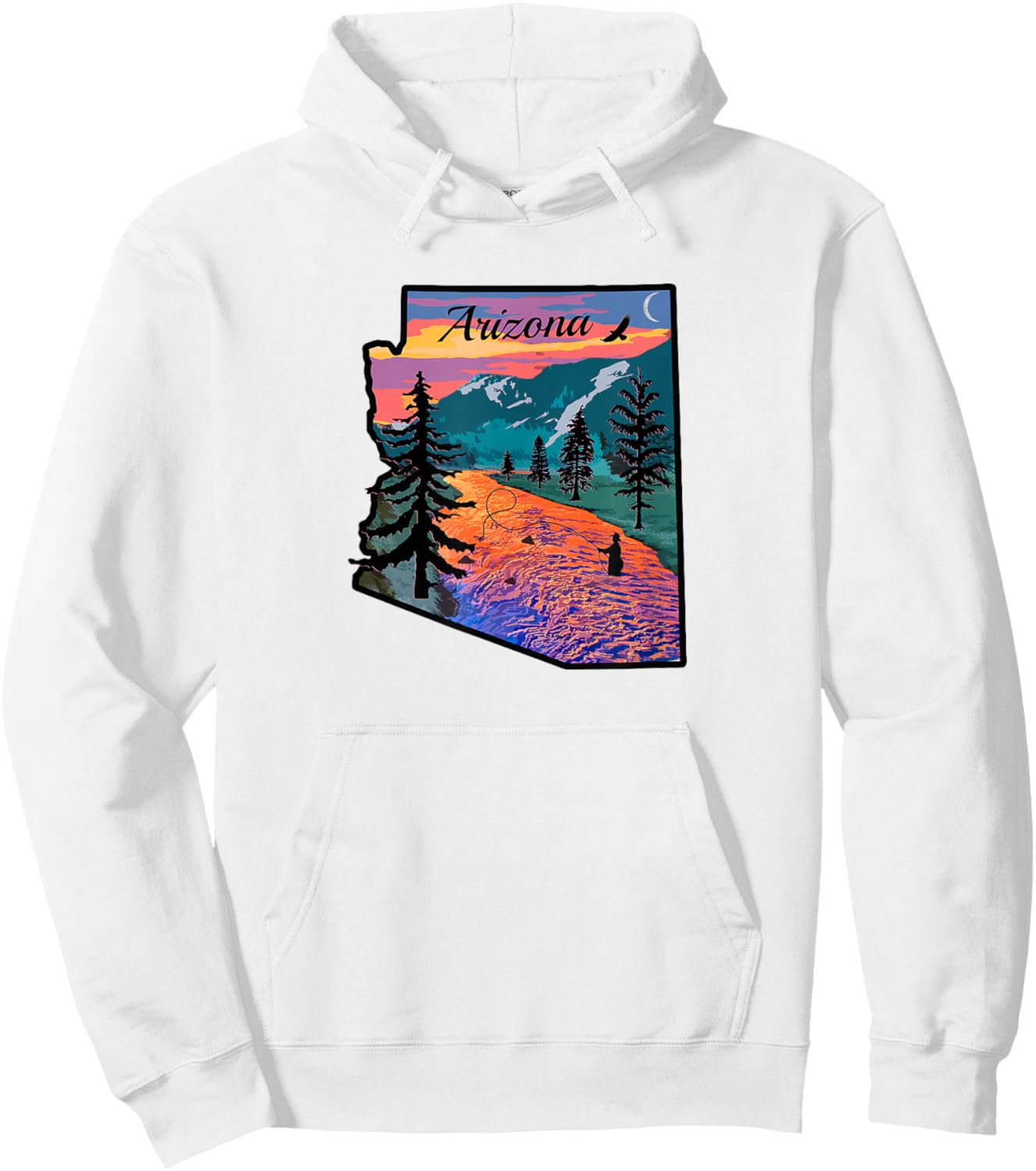 Arizona Fly Fishing Retro Sunset State Outline Hoodie - Hoodie | White