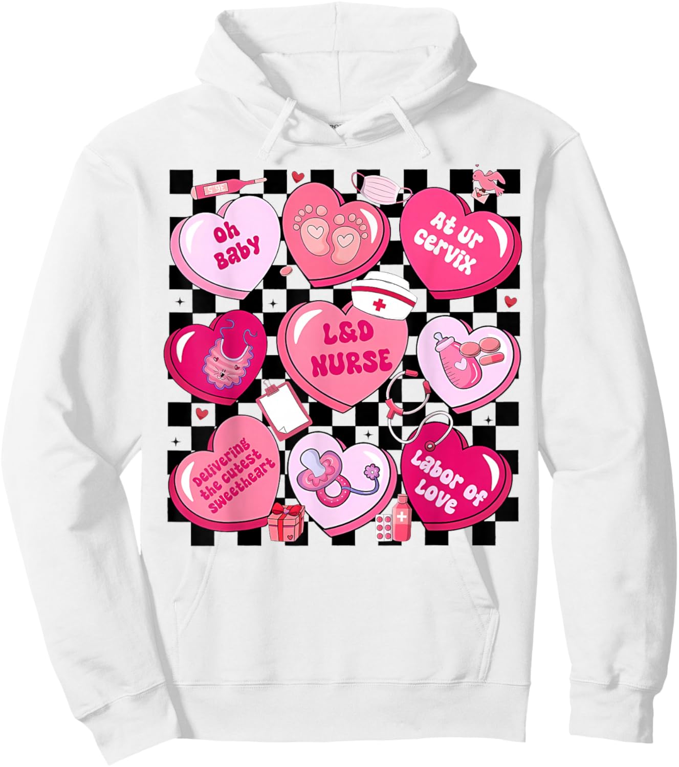 Women Labor and Delivery Nurse Hearts Candy Valentine's Day Hoodie - Hoodie | White