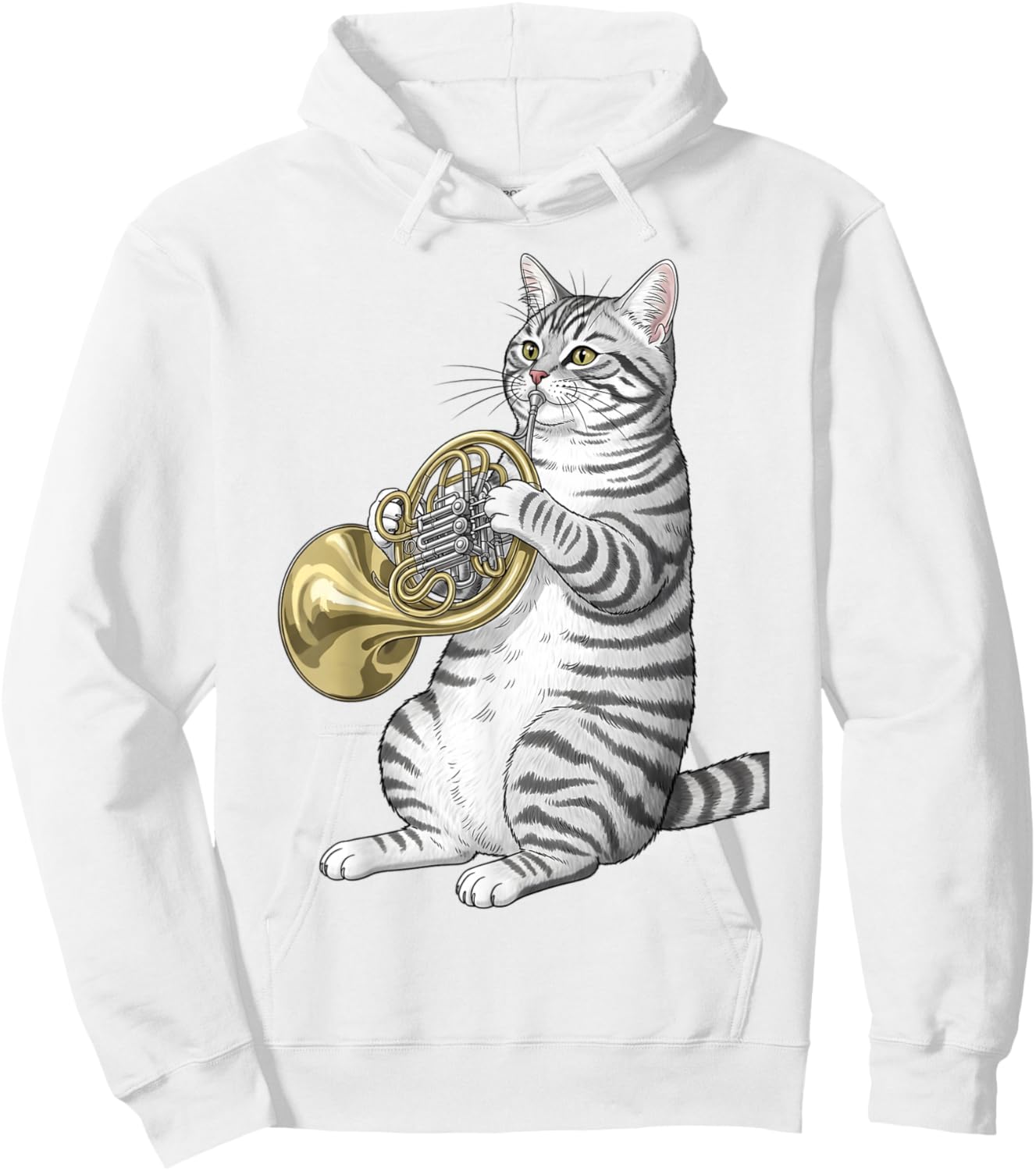 Funny Cat Playing French Horn Player Men Women Kids Boys Hoodie - Hoodie | White