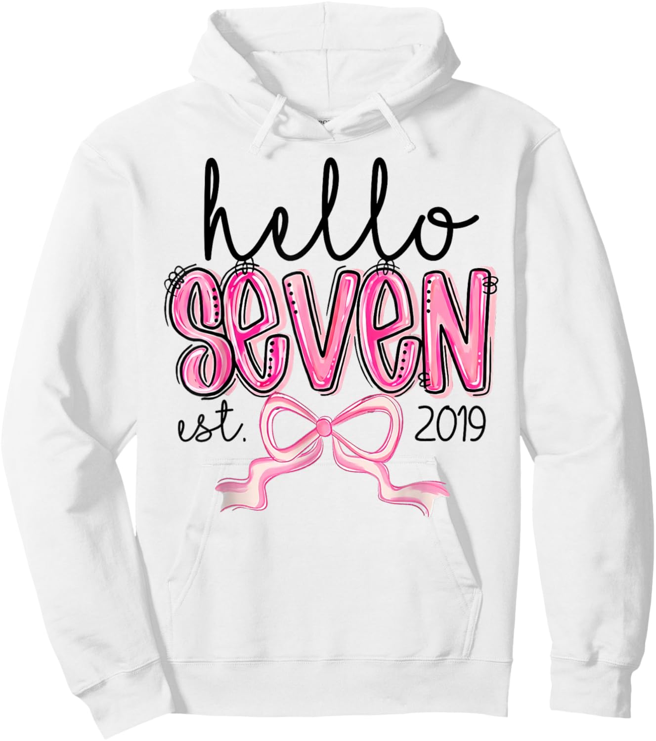 Hello Seven Est. 2019 Pink Coquette Bow 7th Birthday Girl Hoodie - Hoodie | White