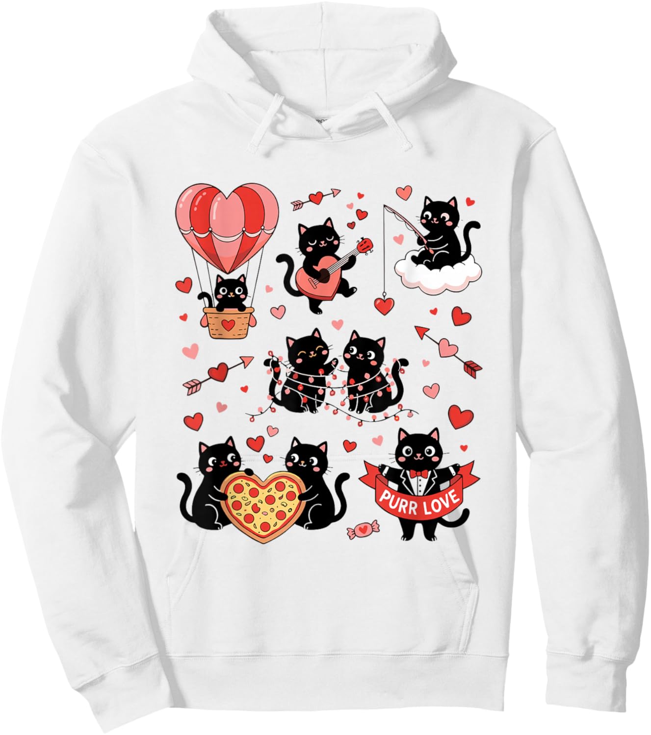 Retro Black Cat Heart Valentines Day Cute Kitten Lover Hoodie - Hoodie | White