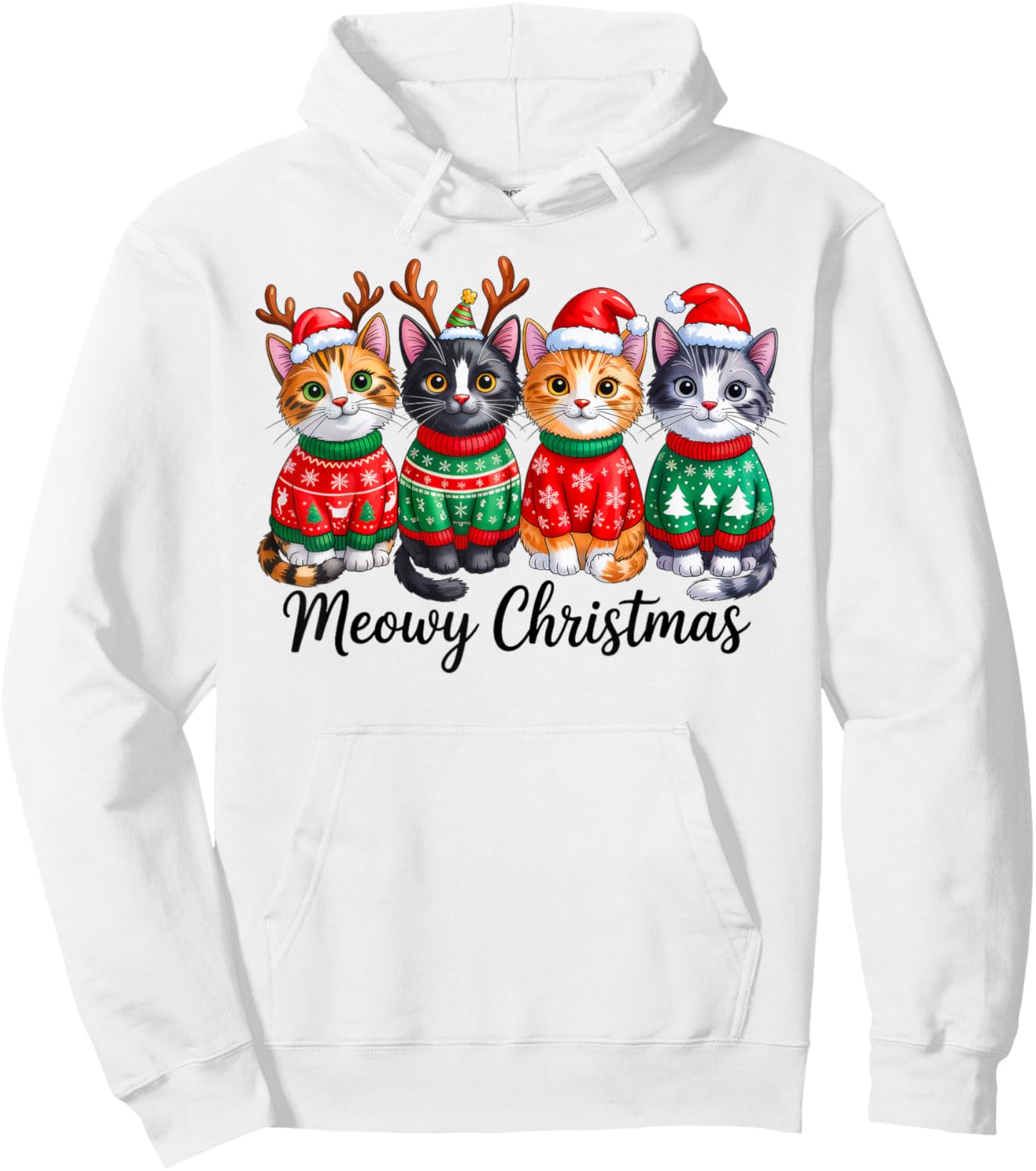 Meowy Christmas Cat Santa Reindeer Xmas Pajamas Cat Lover Hoodie - Hoodie | White