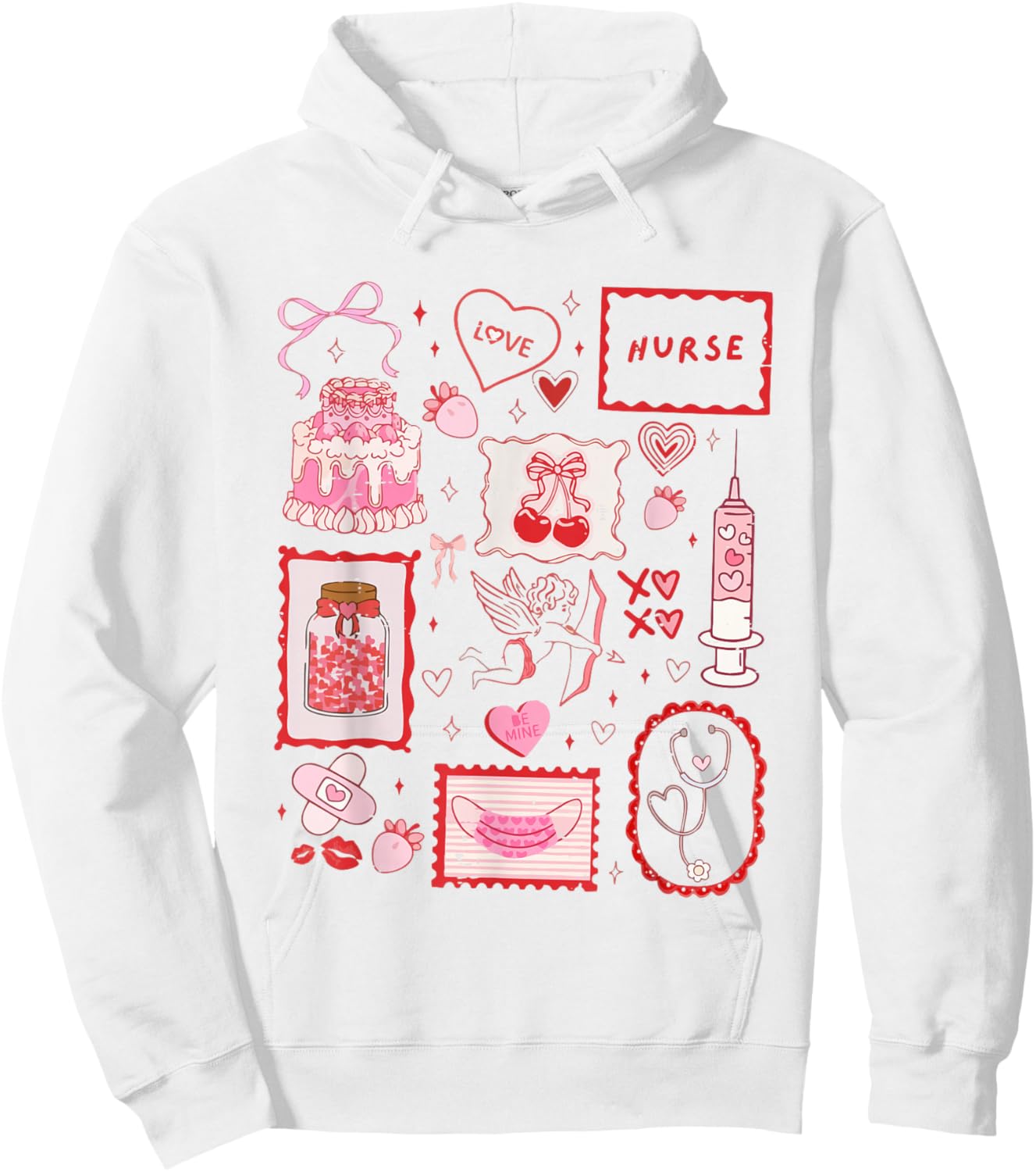 Coquette Doodles Pediatric Nurse Valentine Cherry Bow XOXO Hoodie - Hoodie | White