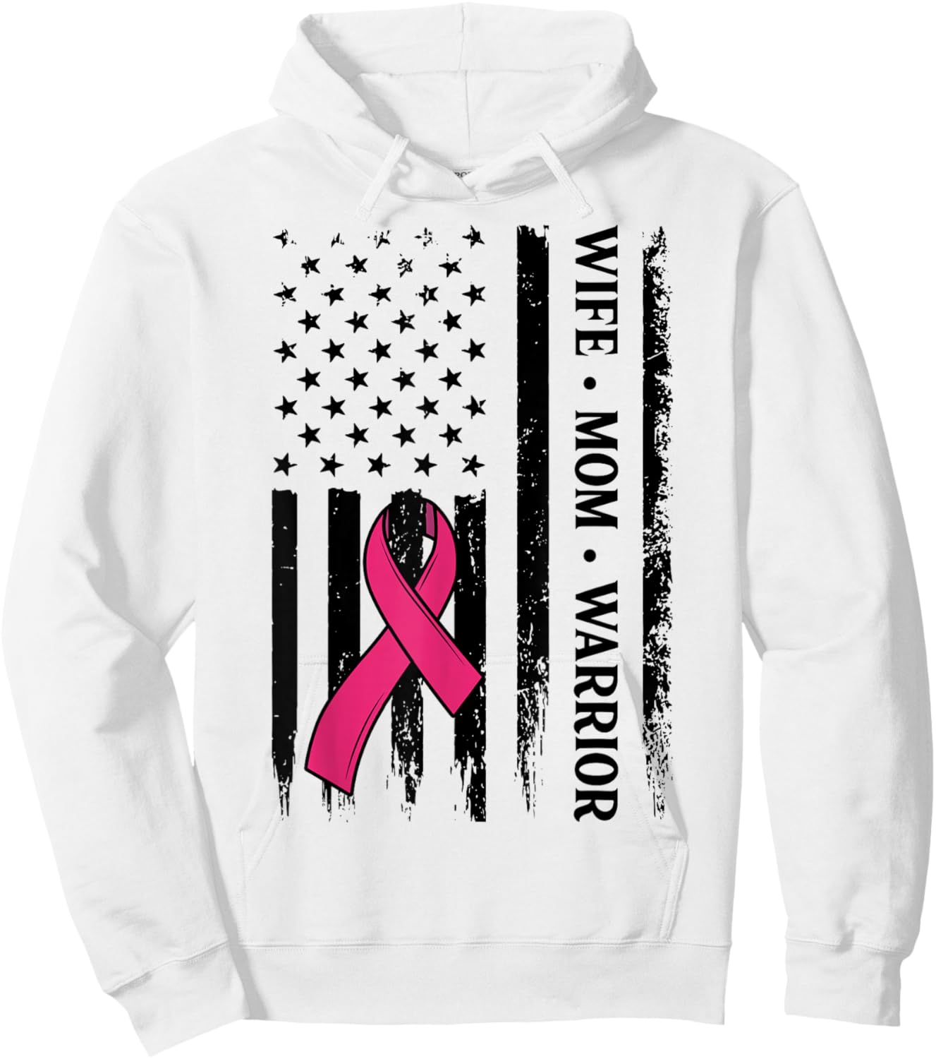 Breast Cancer Awareness Wife Mom Warrior US Flag Pink Ribbon Hoodie - Hoodie | White