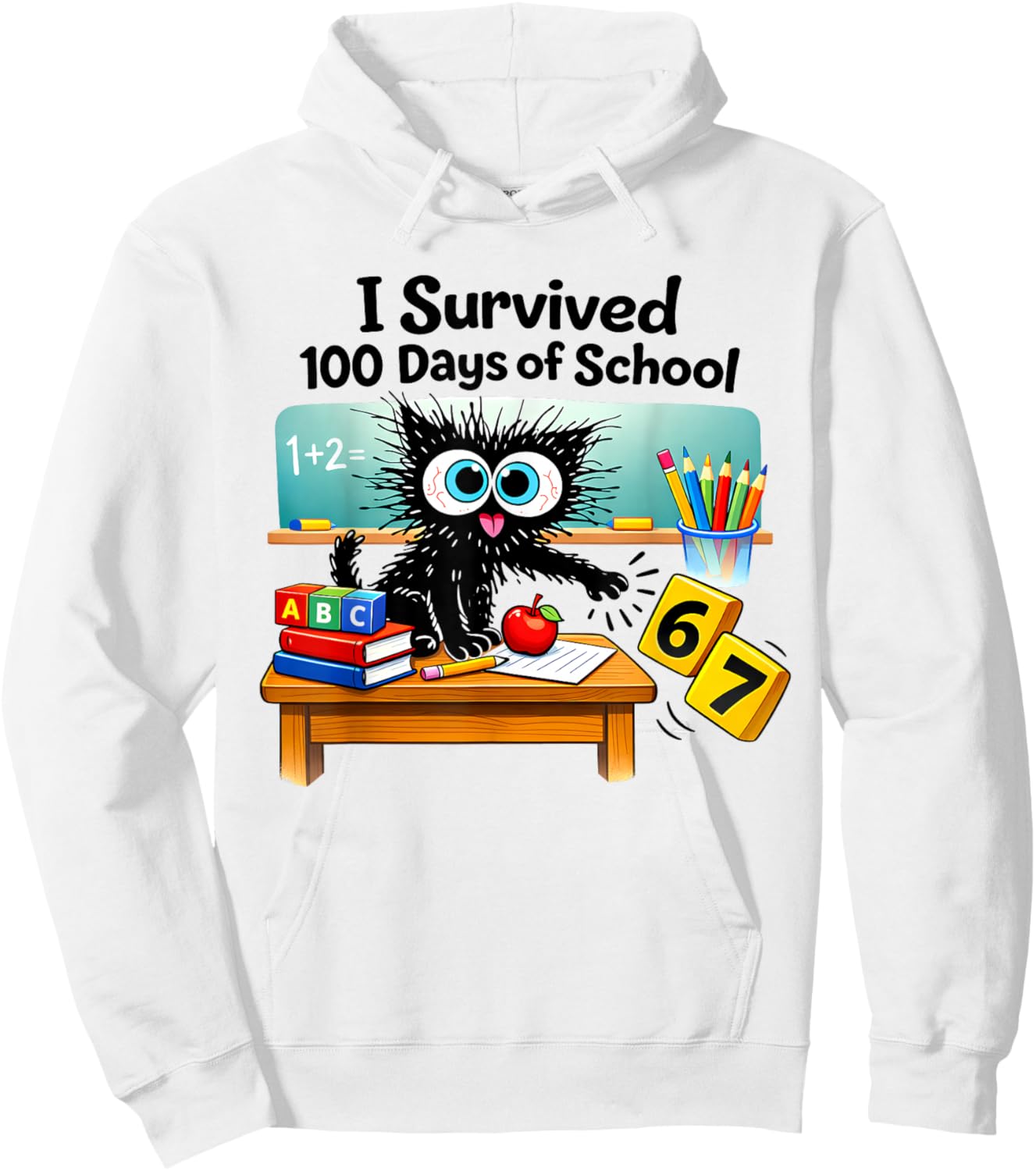 I Survived 100 Days of School Funny Cat 6 7 Six Seven Meme Hoodie - Hoodie | White