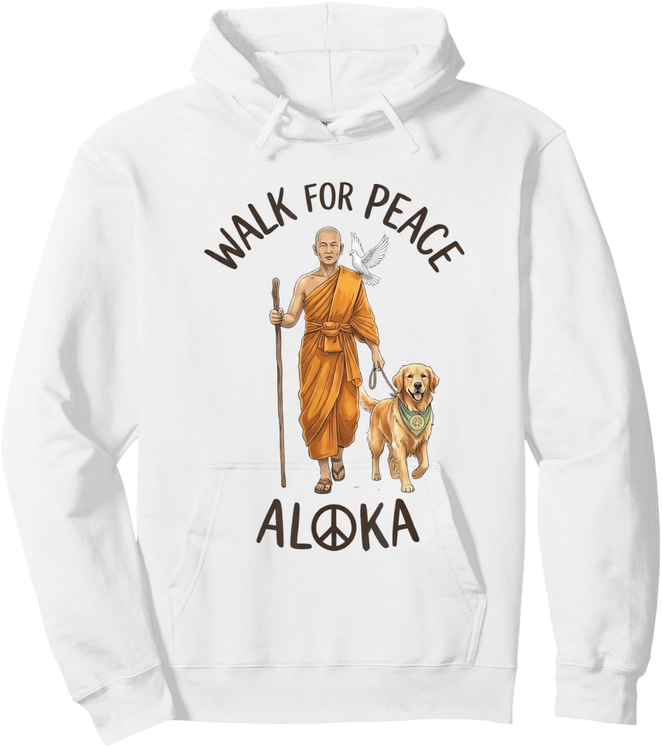 Buddhist Monk Walk for Peace Aloka Line Art Dove Dog Hoodie - Hoodie | White