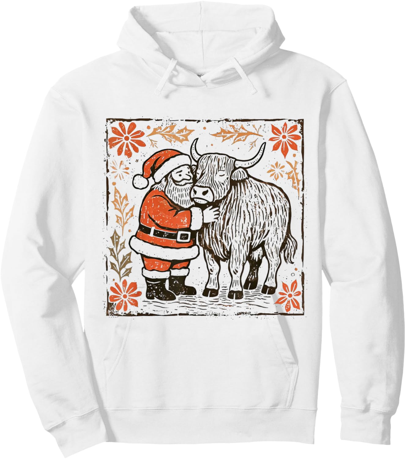 Boho Floral Western Christmas Santa Claus Highland Cow Xmas Hoodie - Hoodie | White