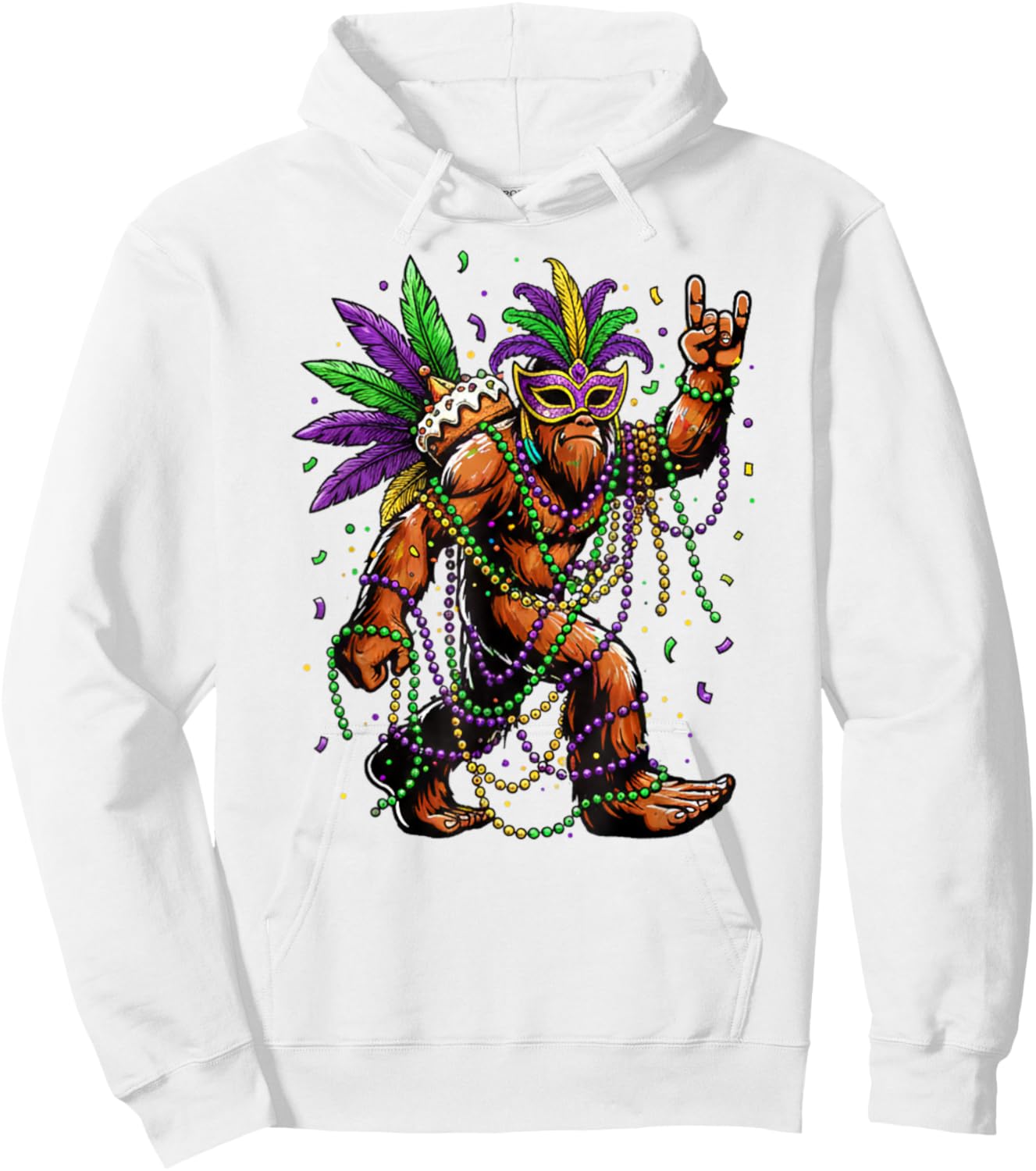 Mardi Gras Bigfoot Beads Necklace King Cake Mask Feathers Hoodie - Hoodie | White