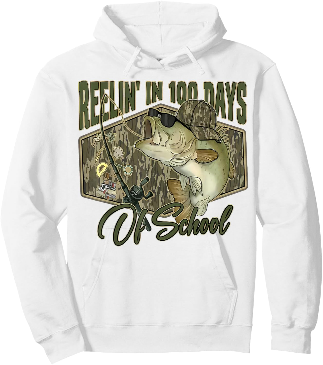 Retro Reelin’ in 100 Days of School Camo Bass Fishing Boys Hoodie - Hoodie | White
