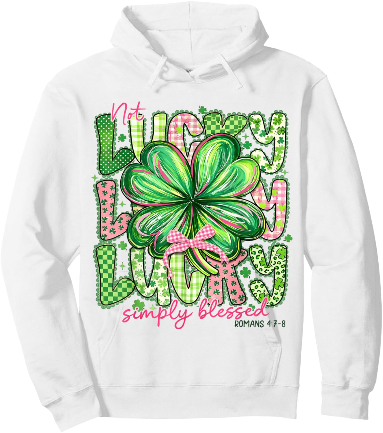 Not Lucky Simply Blessed Patrick's Day Shamrock Coquette Bow Hoodie - Hoodie | White