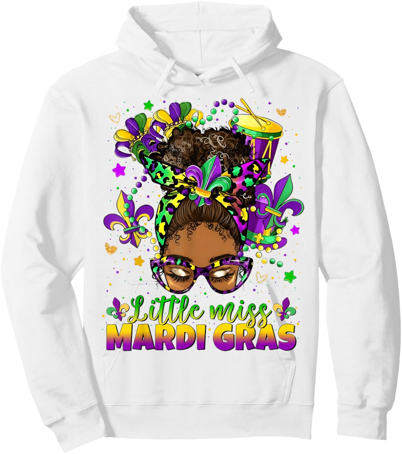 Little Miss Mardi Gras Afro Messy Bun Girl Women Kid Hoodie - Hoodie | White