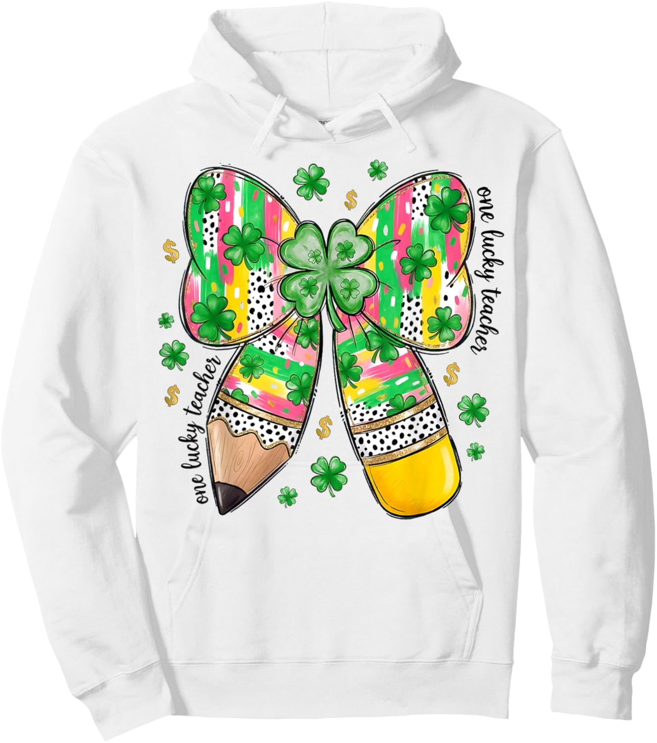One Lucky Teacher St Patrick's Day Coquette Pencil Shamrock Hoodie - Hoodie | White
