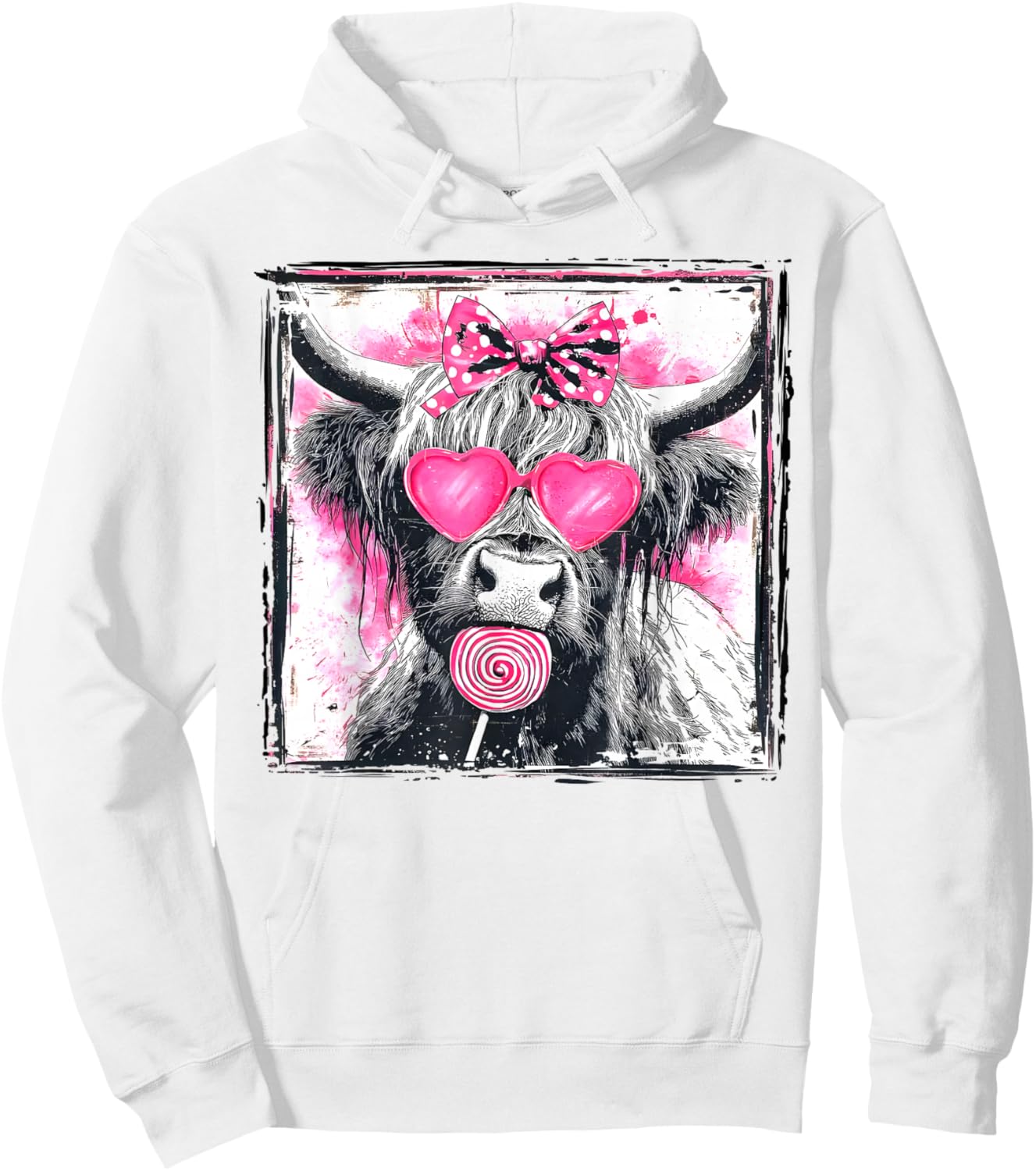 Vintage Cute Lollipop Highland Cow Bow Valentine Pink Heart Hoodie - Hoodie | White