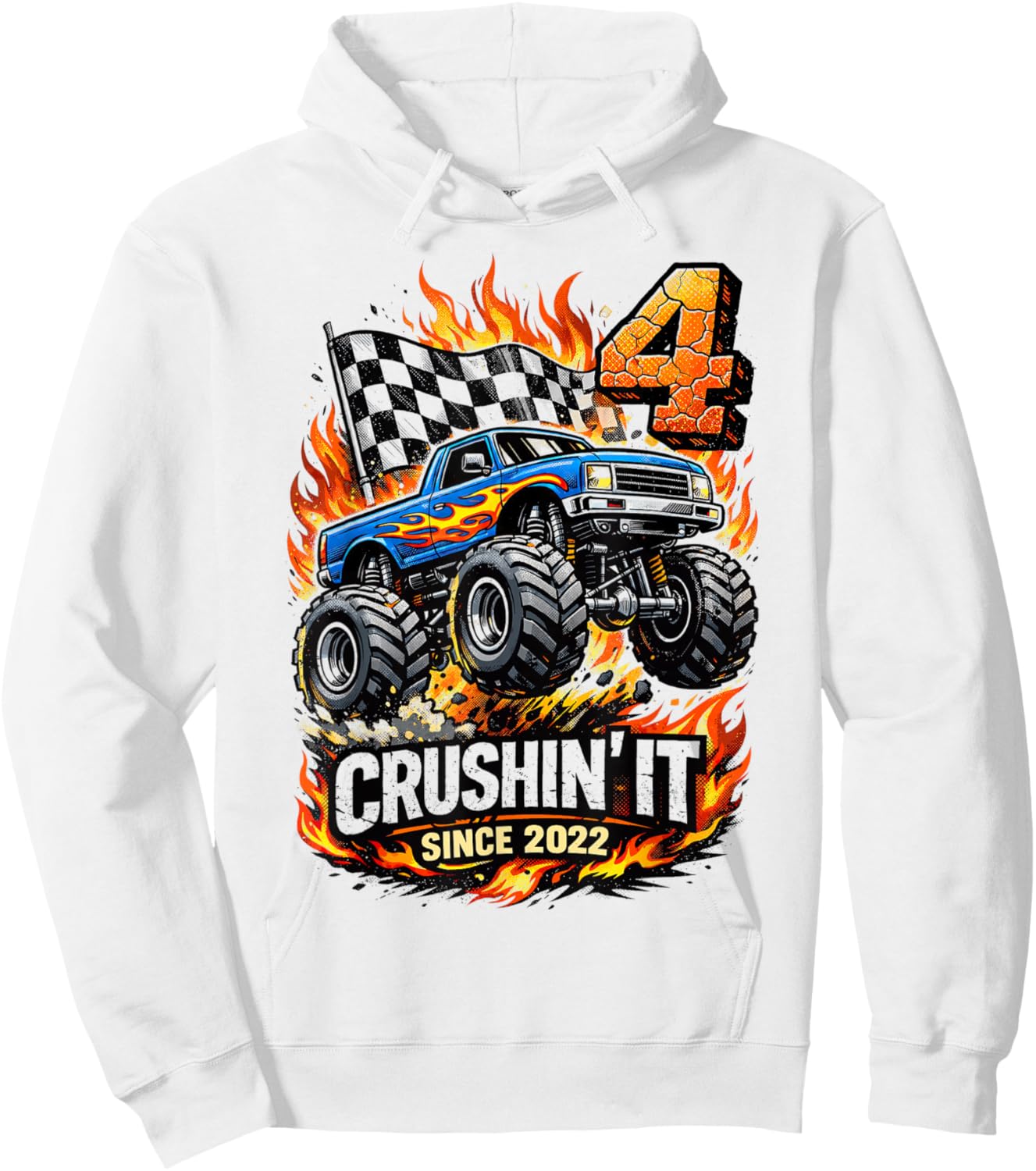 Birthday Monster Truck 4 Year Old Boys 4th Party Born 2022 Hoodie - Hoodie | White