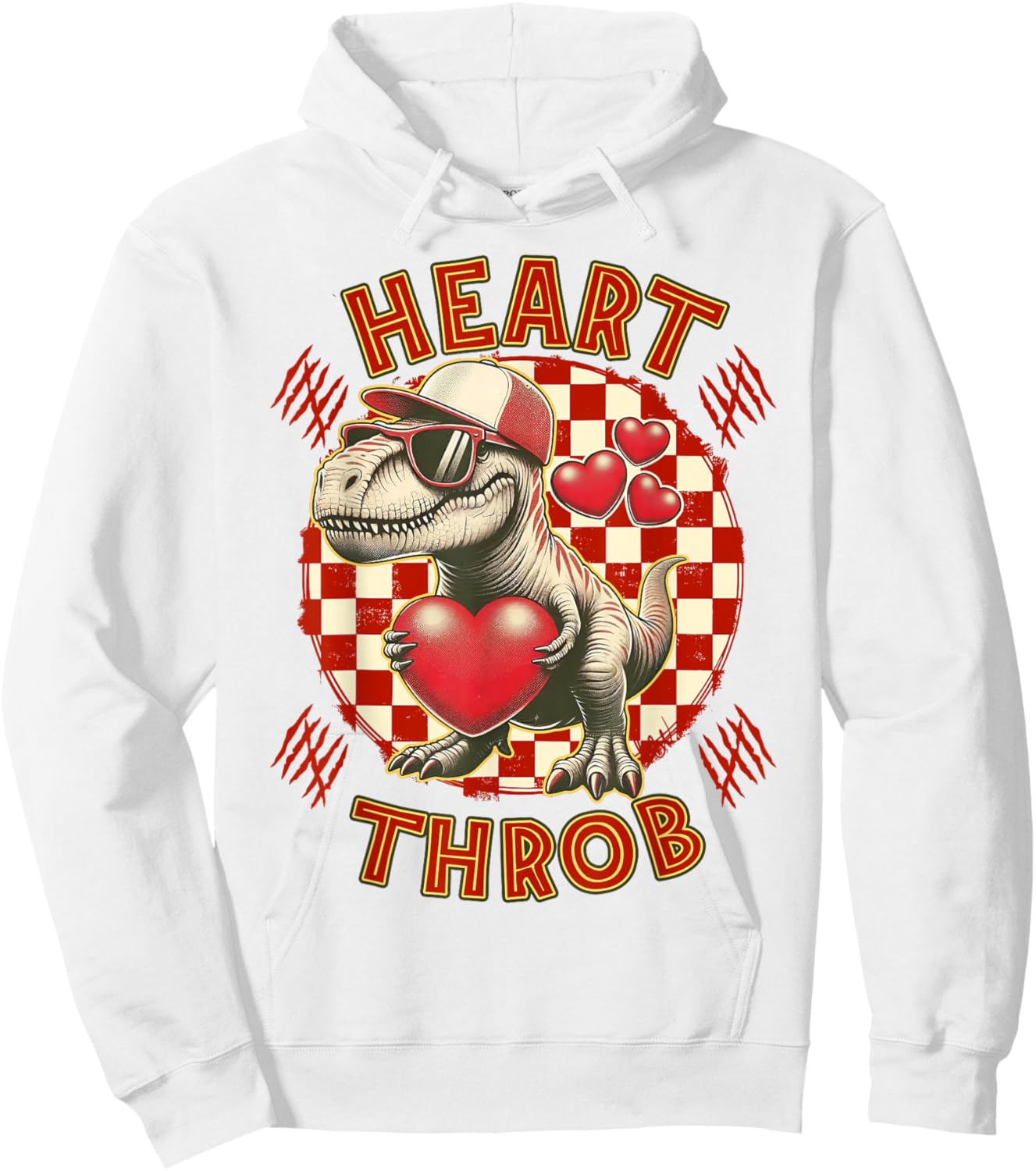 Heart Dinosaur Throb Valentines Day T Rex Checkered Print Hoodie - Hoodie | White