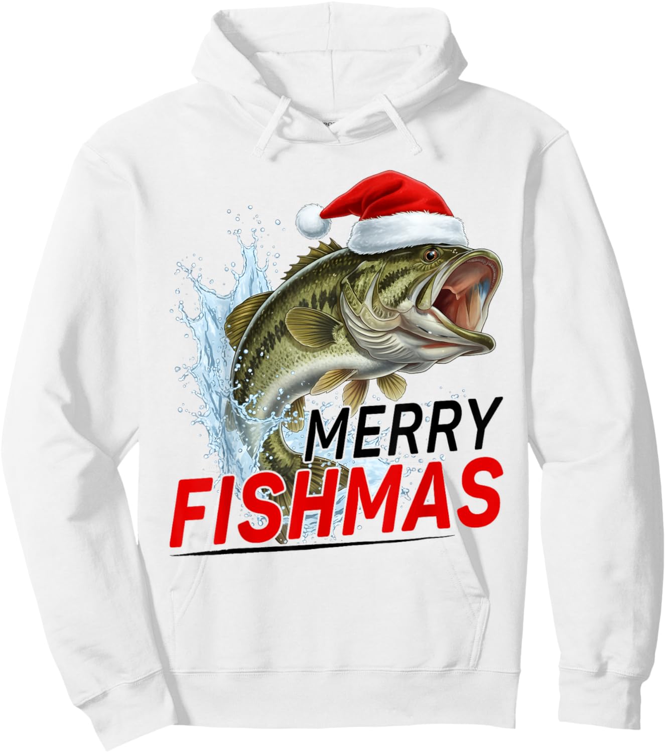 Merry Fishmas Funny Christmas Bass Fisherman Santa Hat Hoodie - Hoodie | White