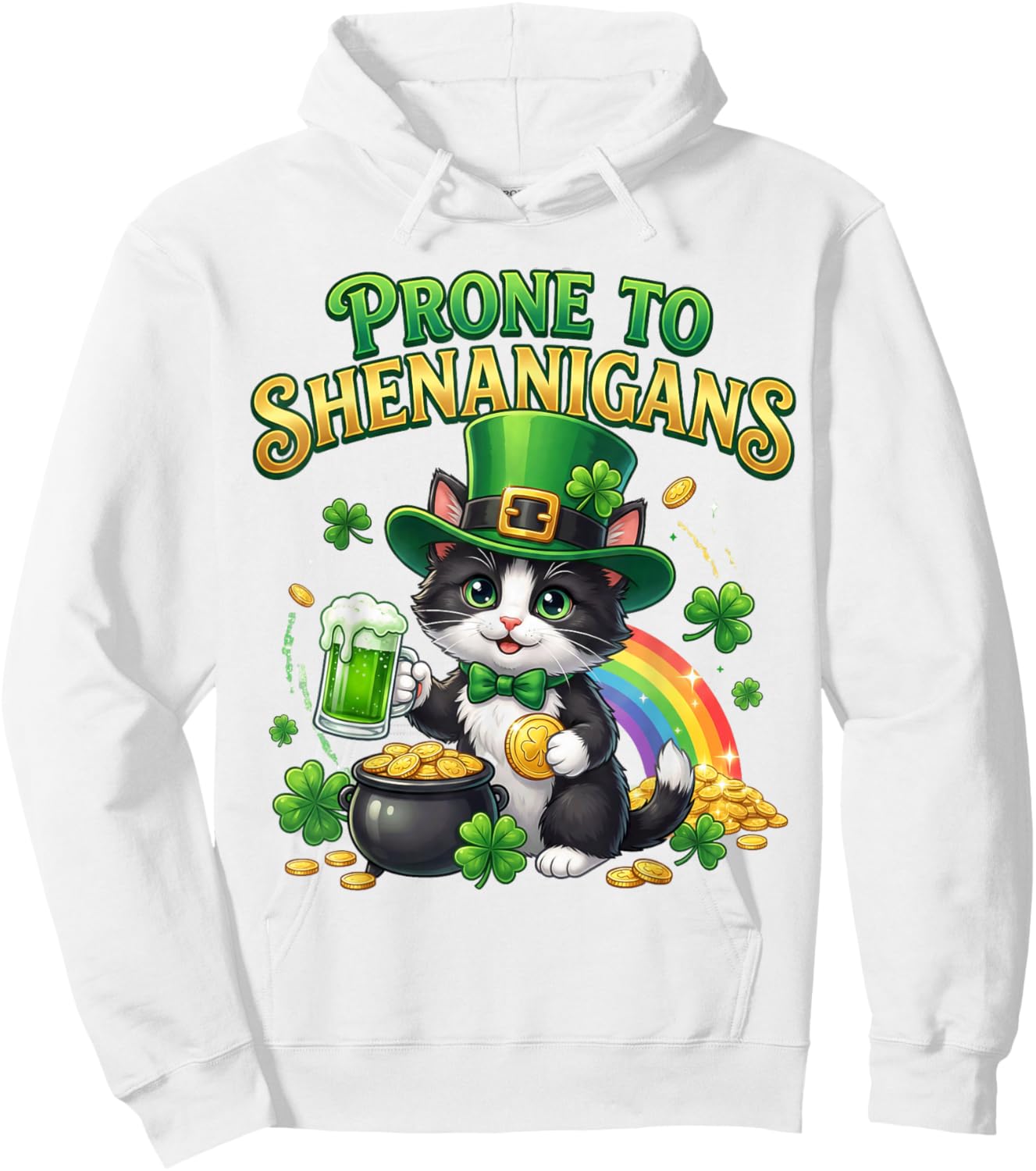 Tuxedo Cat Saint Patrick's Day Prone to Shenanigans Hoodie - Hoodie | White