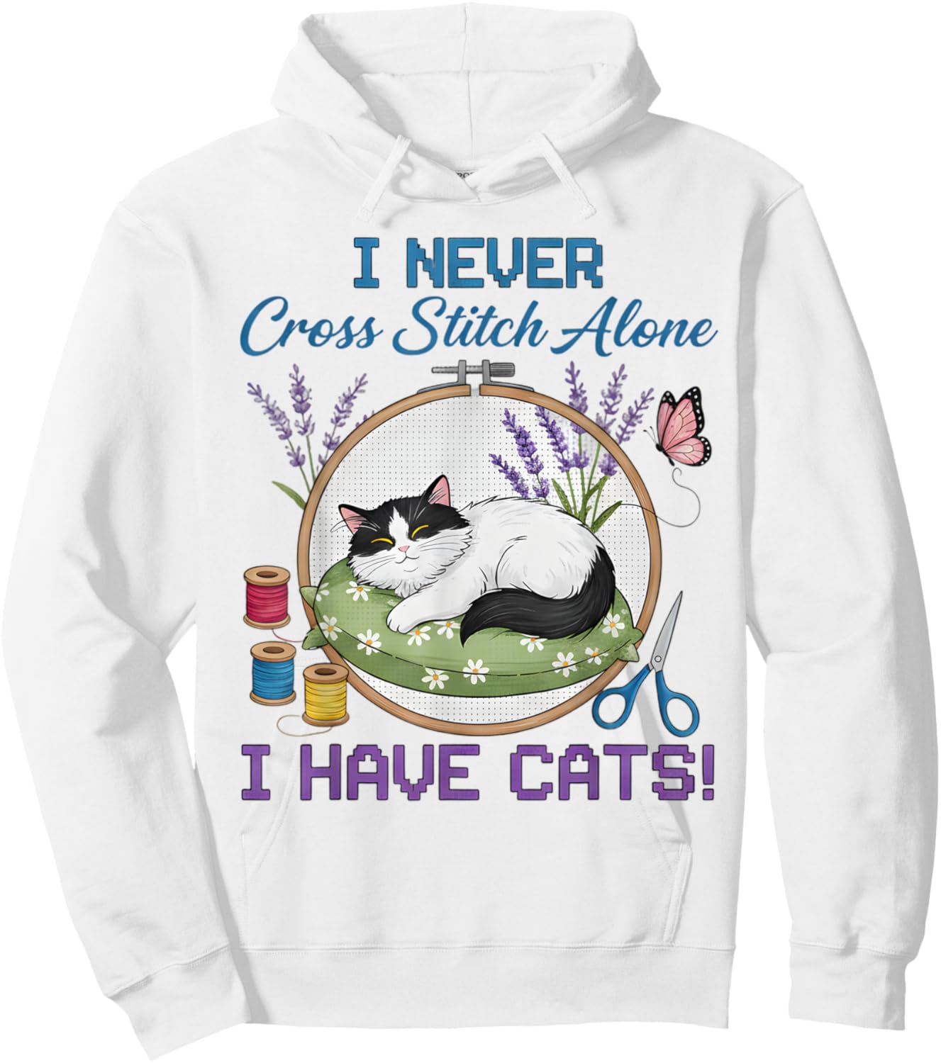 Never Cross Stitch Alone Cat Stitcher Quilt Cross Stitch Hoodie - Hoodie | White