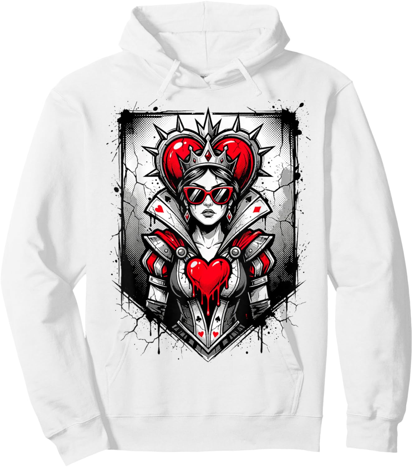 Red Queen of Hearts Rebel Crown Sunglasses Poker Card Women Hoodie - Hoodie | White