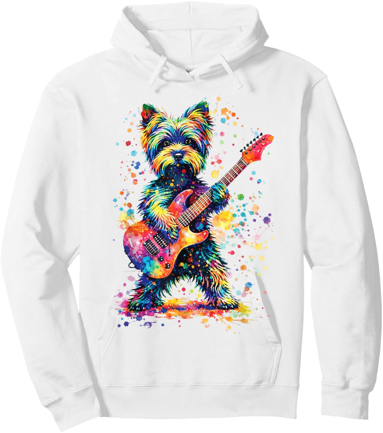 Colorful Yorkie Rock Funny Dog Playing Guitar Rock Style Hoodie - Hoodie | White