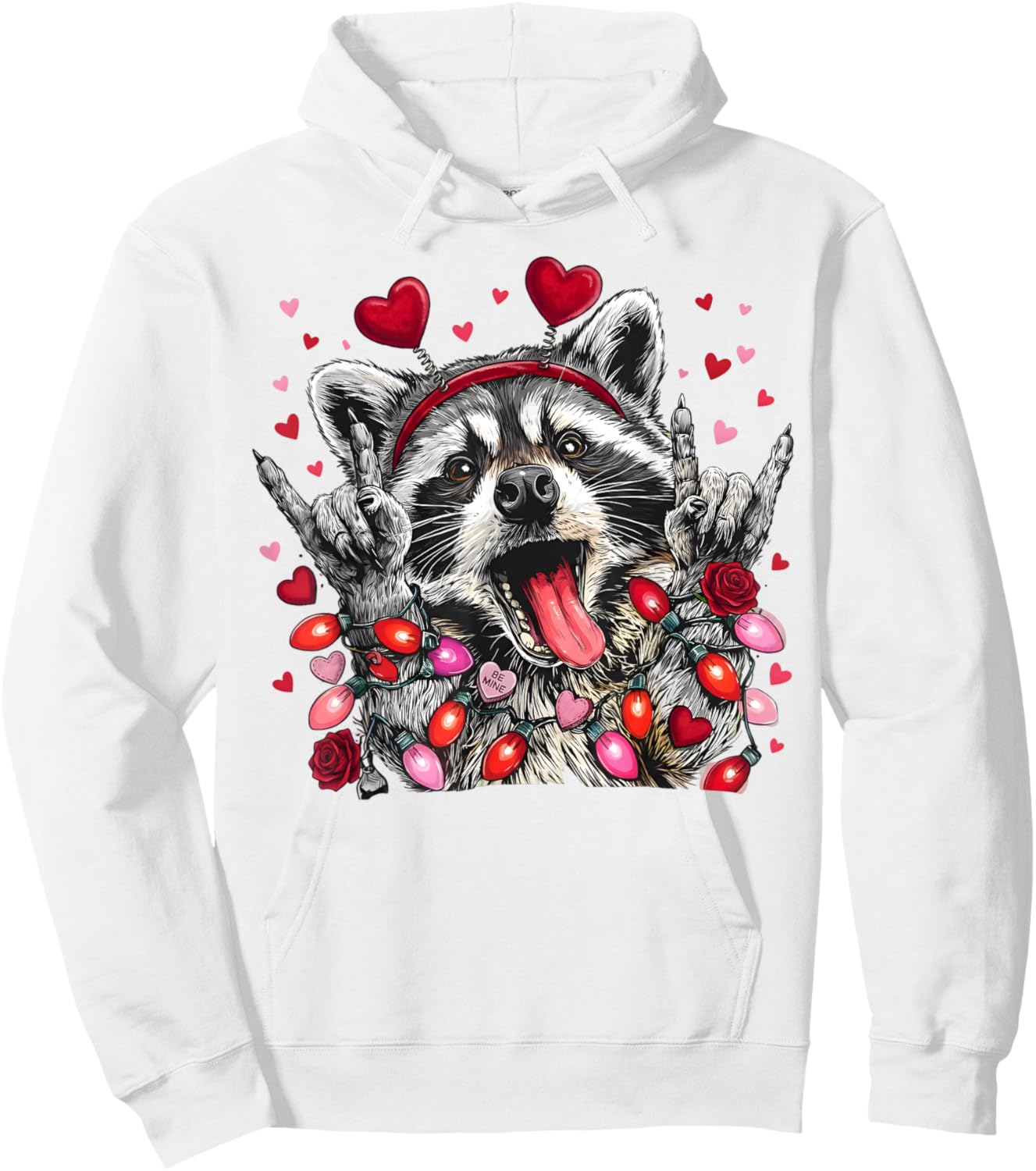 Rock On Hand Sign Racoon Meme Funny Valentines Hoodie - Hoodie | White