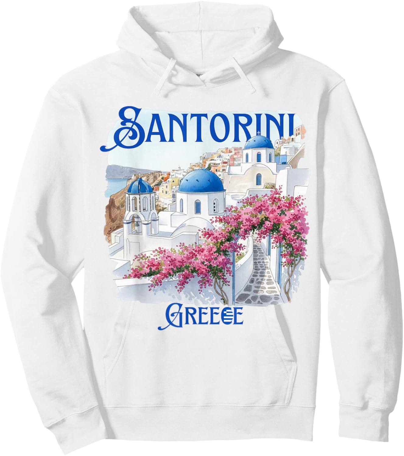 Santorini Greece Blue Domes Pink Flowers Souvenir Hoodie - Hoodie | White