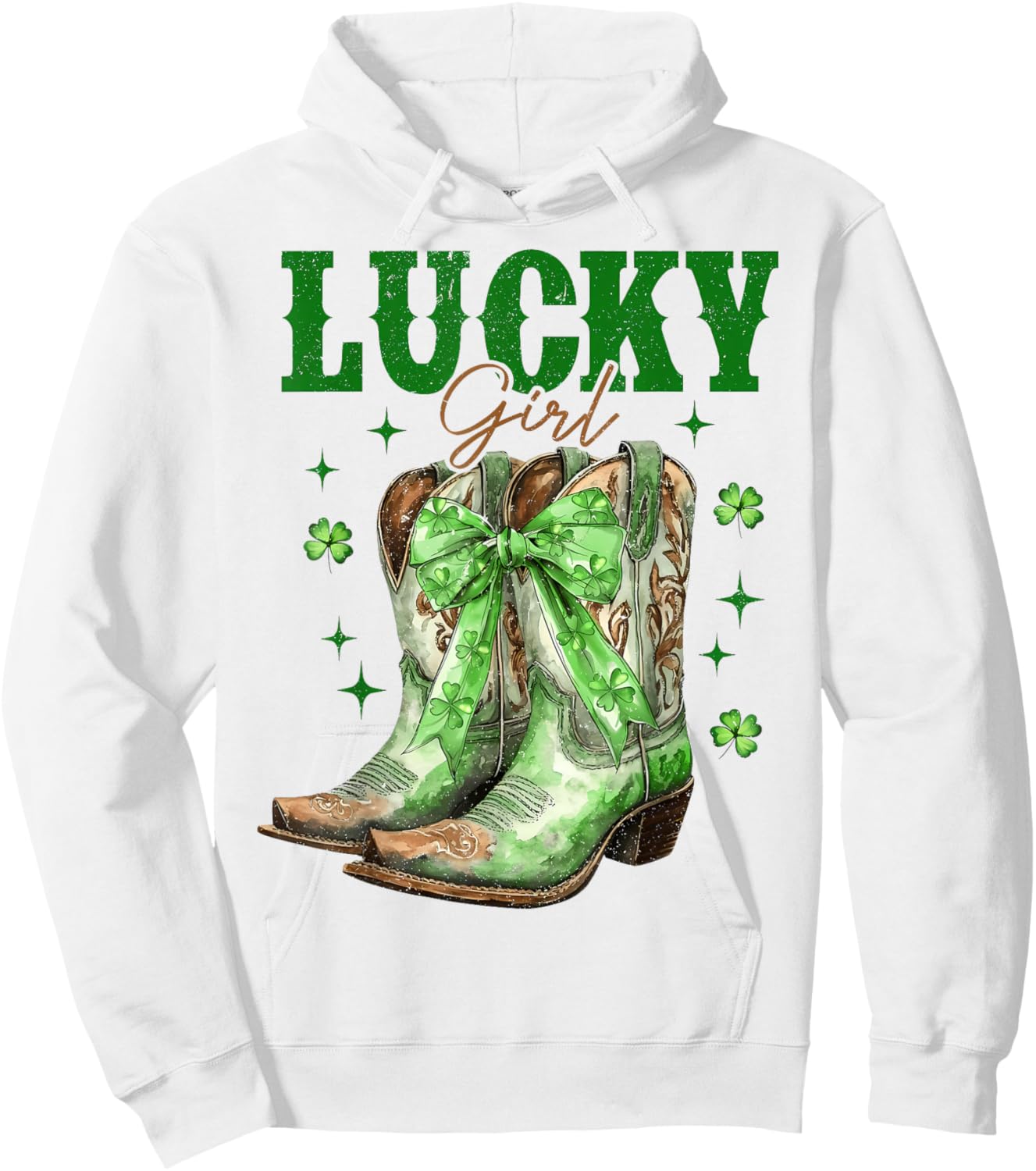 St Patrick's Day Cowboy Boots Green Shamrock Bow Lucky Girl Hoodie - Hoodie | White