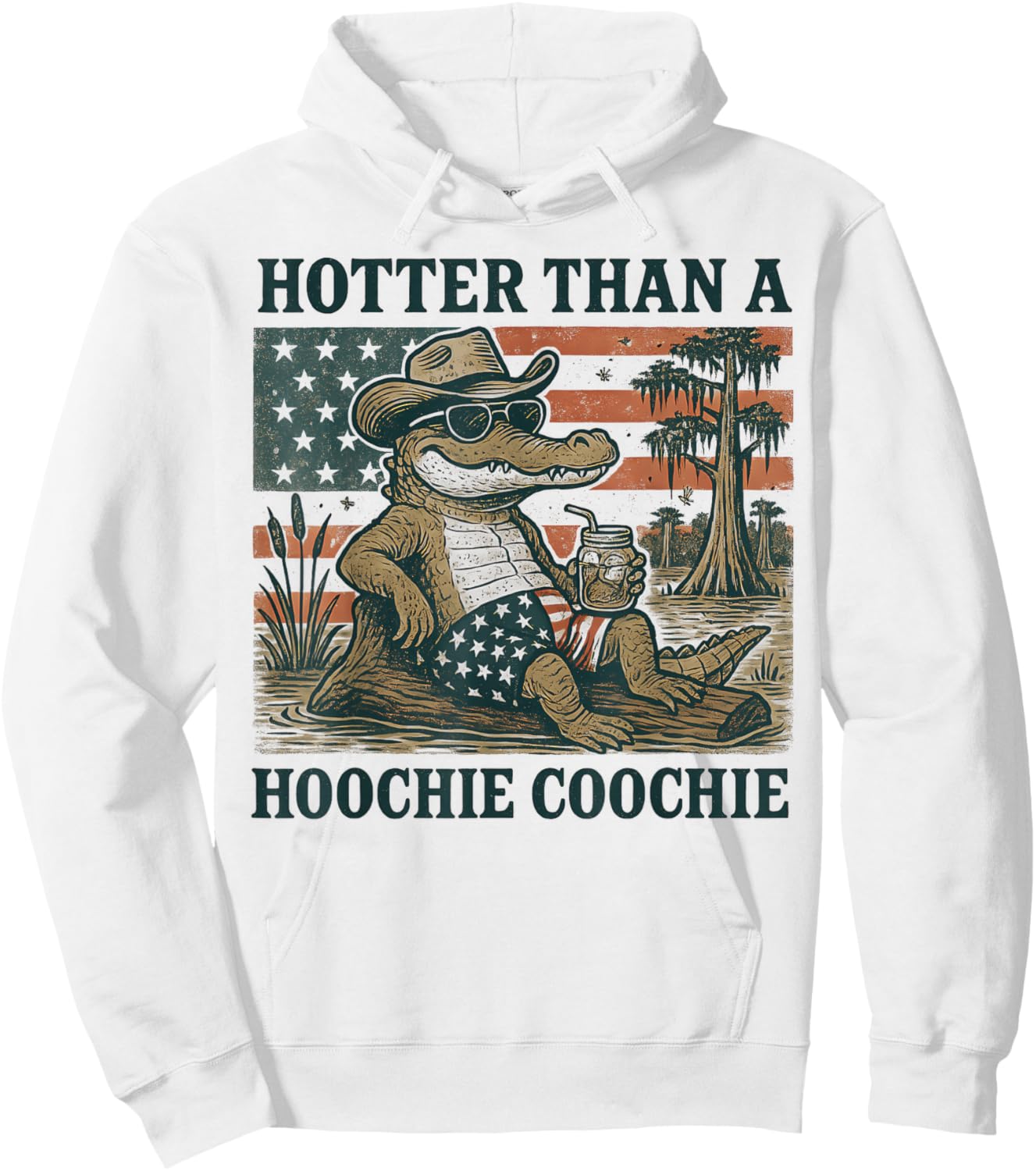 Hoochie Coochie Alligator Funny Patriotic Gator Southern USA Hoodie - Hoodie | White