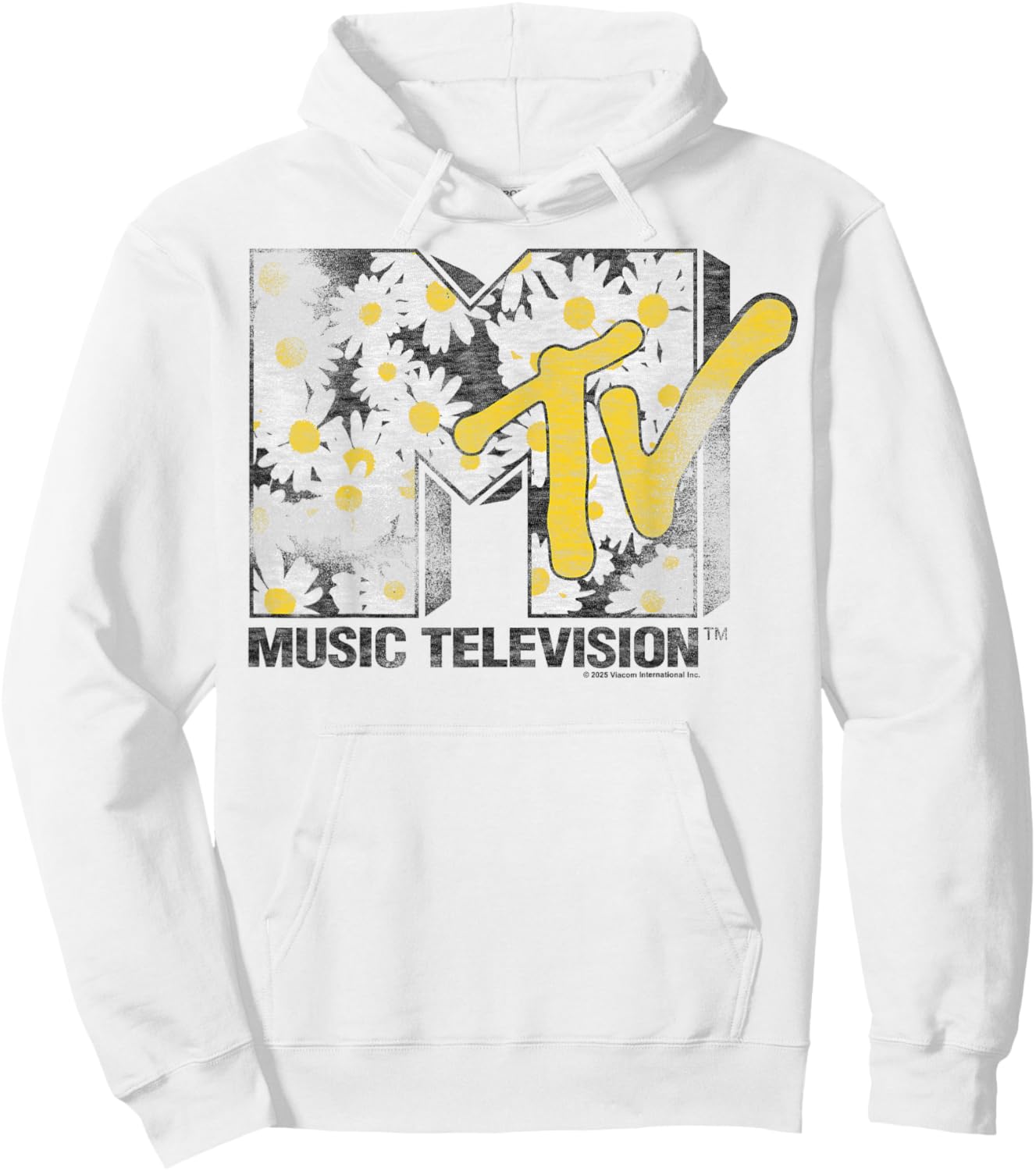 MTV Classic Distressed Logo Filled with Daisy Pattern Hoodie - Hoodie | White