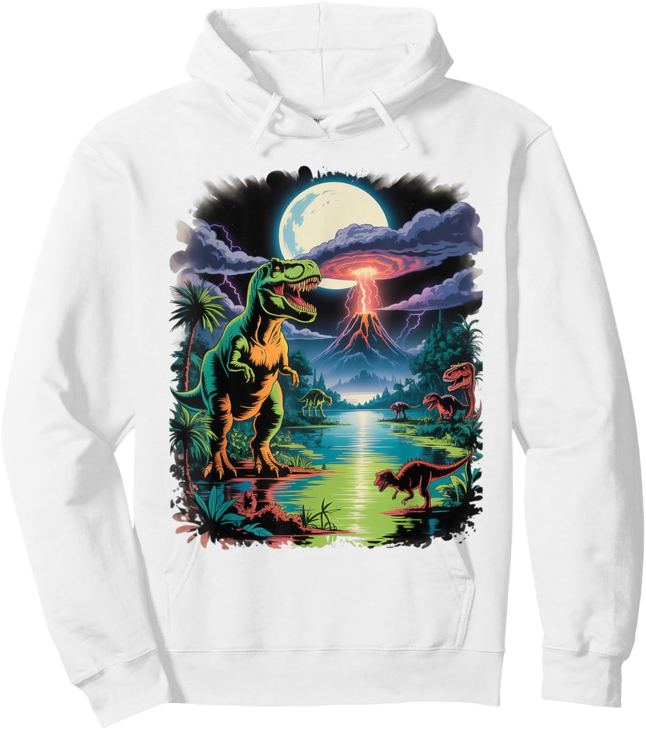 Vintage Retro 90s Airbrushed Dinosaur Jungle Volcano Scene Hoodie - Hoodie | White