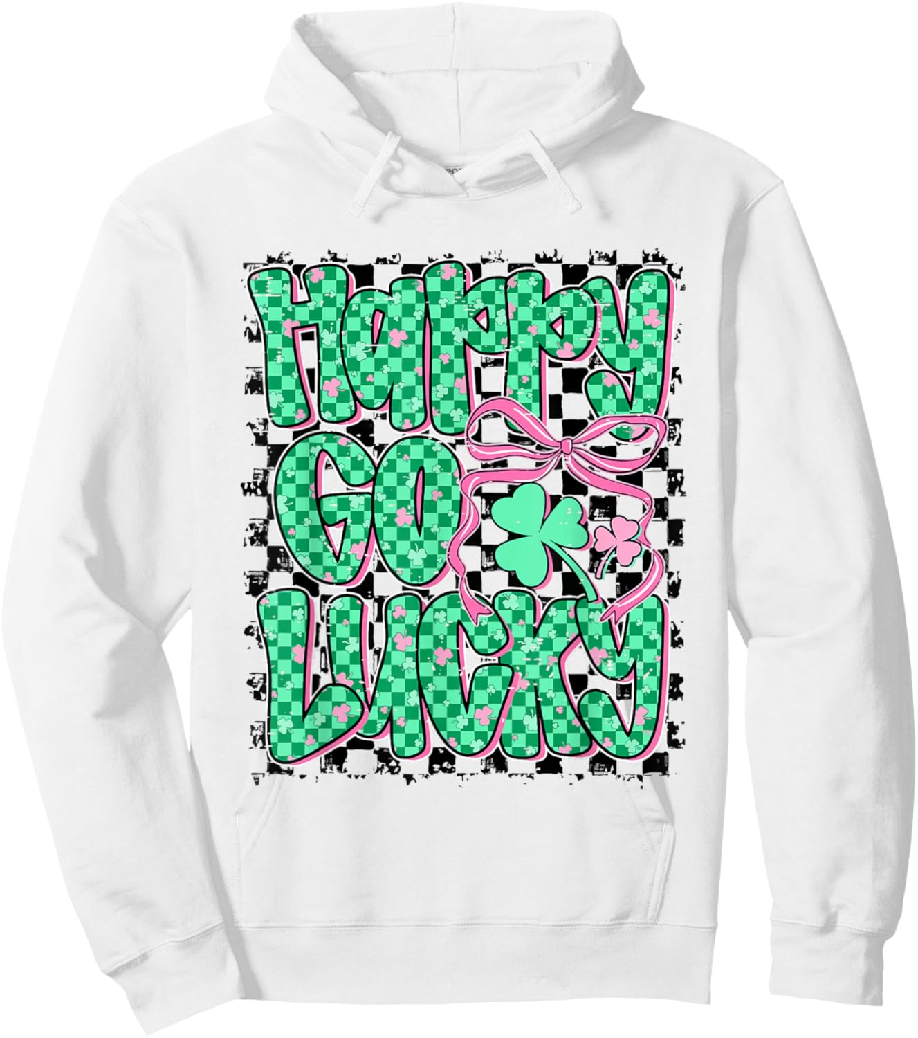 Retro Checkered Happy Go Lucky Shamrock Cute St Patricks Day Hoodie - Hoodie | White