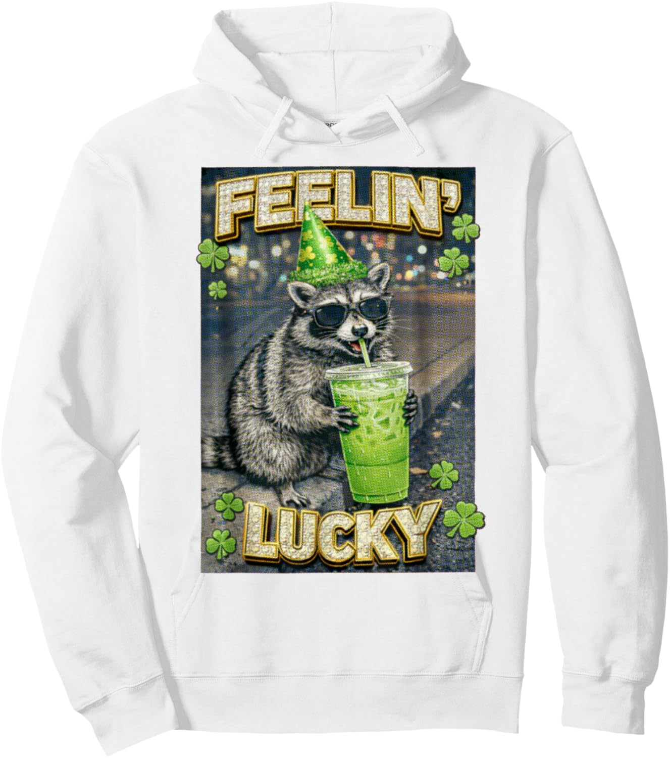 St Patricks Feeling Lucky Funny Racoon Coffee Lover Party Hoodie - Hoodie | White