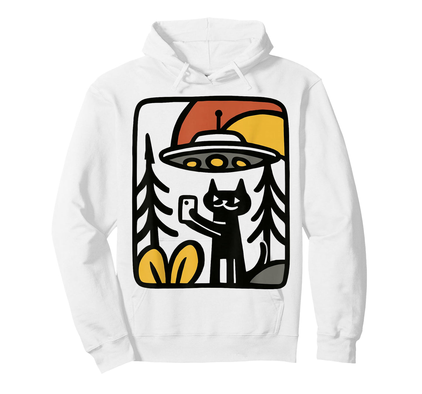 Black Cat UFO Selfie – Funny Alien Forest Art Illustration T-Shirt