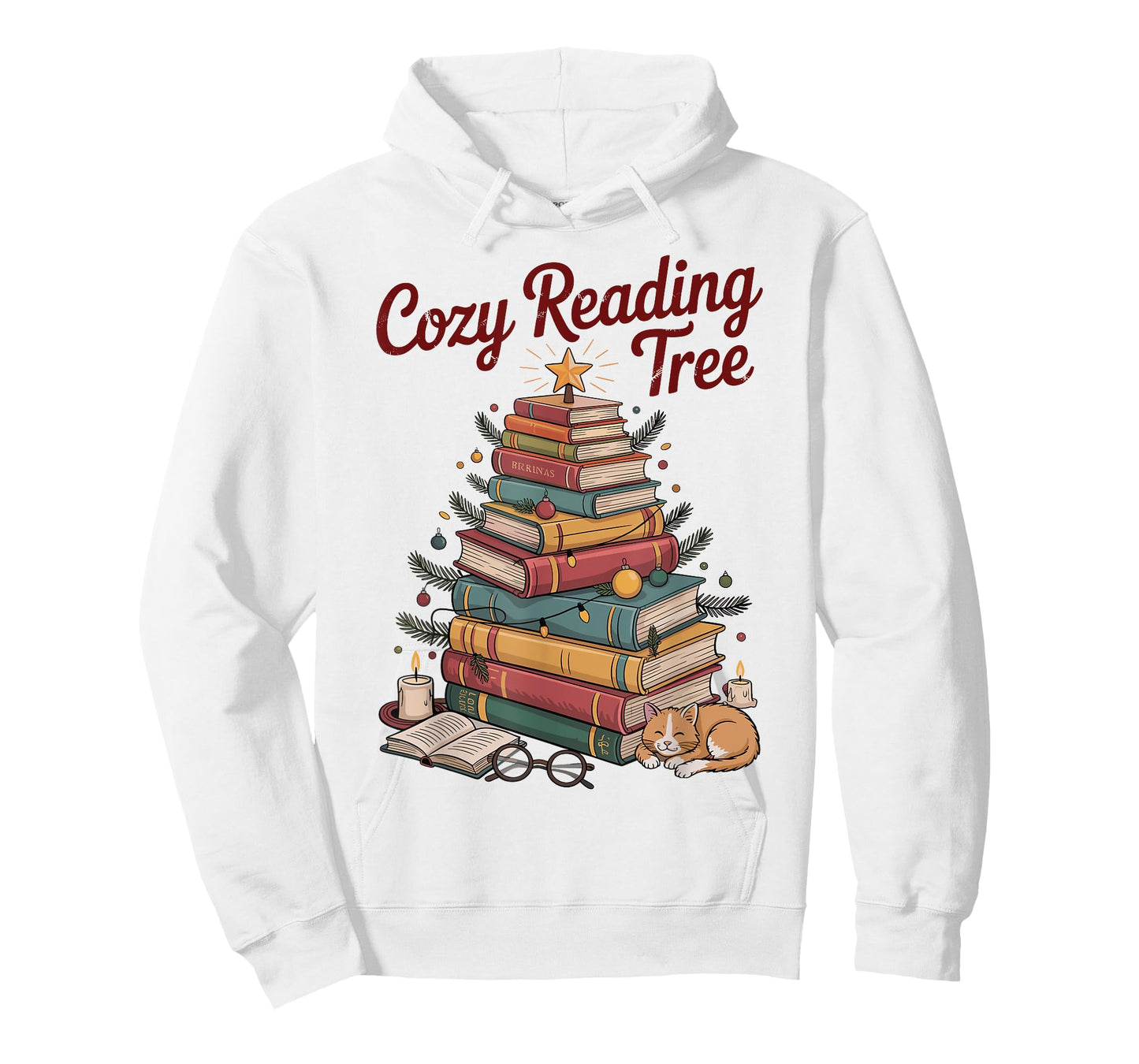 Cozy Christmas Reading Tree Cat Candle Stack Bookish Funny T-Shirt