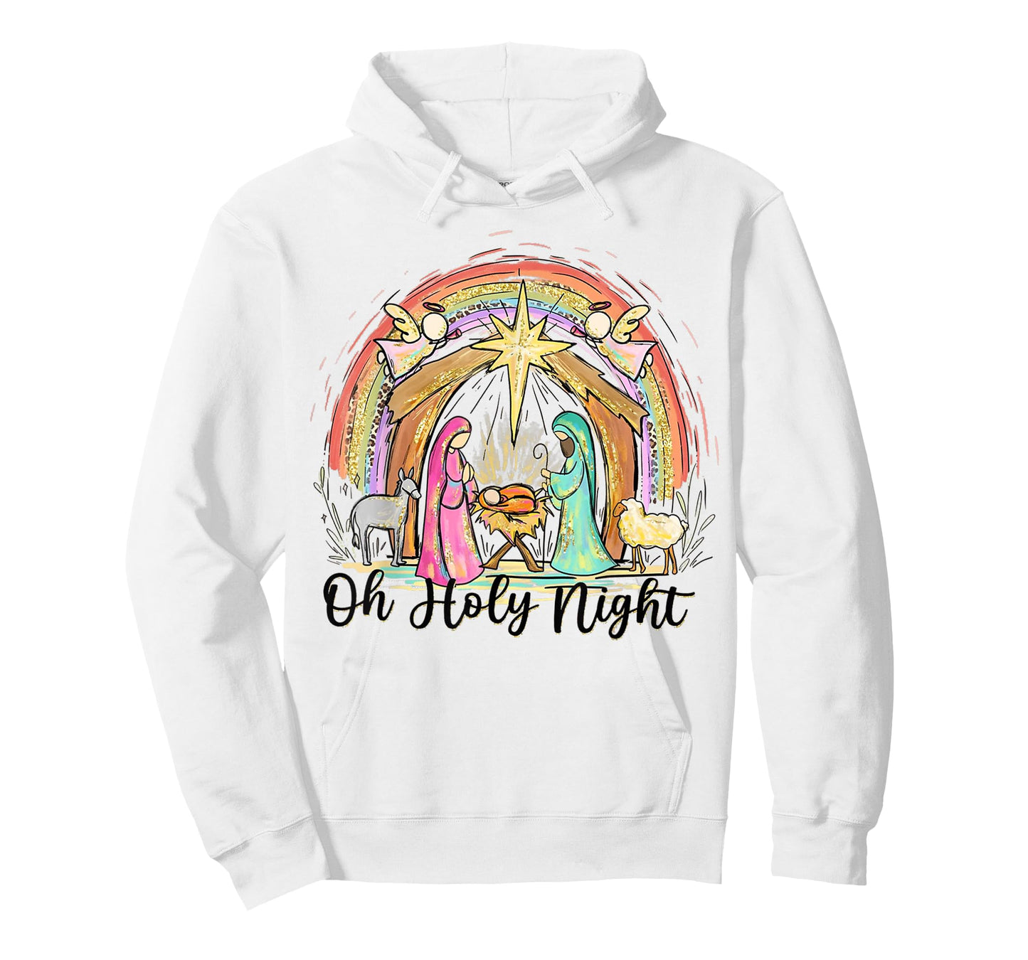 Oh Holy Night Nativity Scene Rainbow Christmas Art T-Shirt