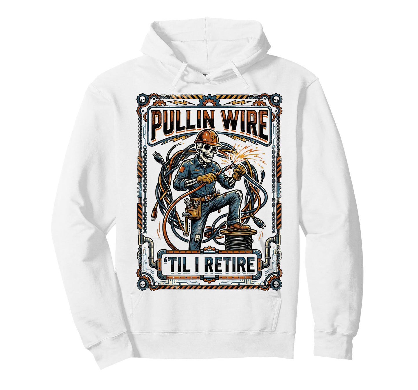Funny Pullin Wire Till I Retire Electrician Skeleton Worker T-Shirt