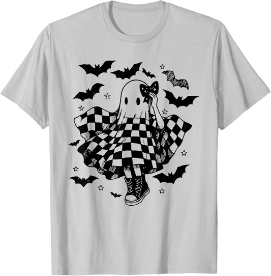 Retro Halloween Checkered Ghost Dance Coquette Bow T-Shirt - T-Shirt | Ash